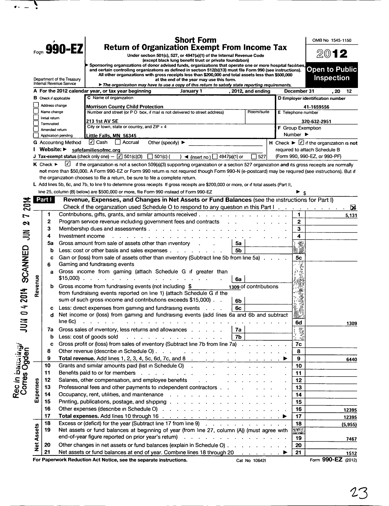 Image of first page of 2012 Form 990EZ for Morrison County Child Protection Team