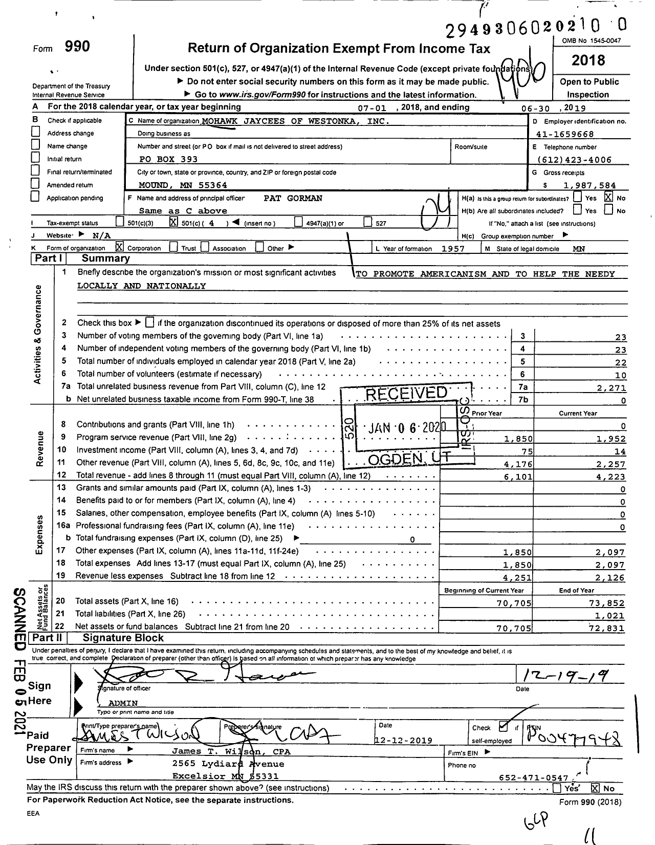 Image of first page of 2018 Form 990O for Mohawk Jaycees of Westonka