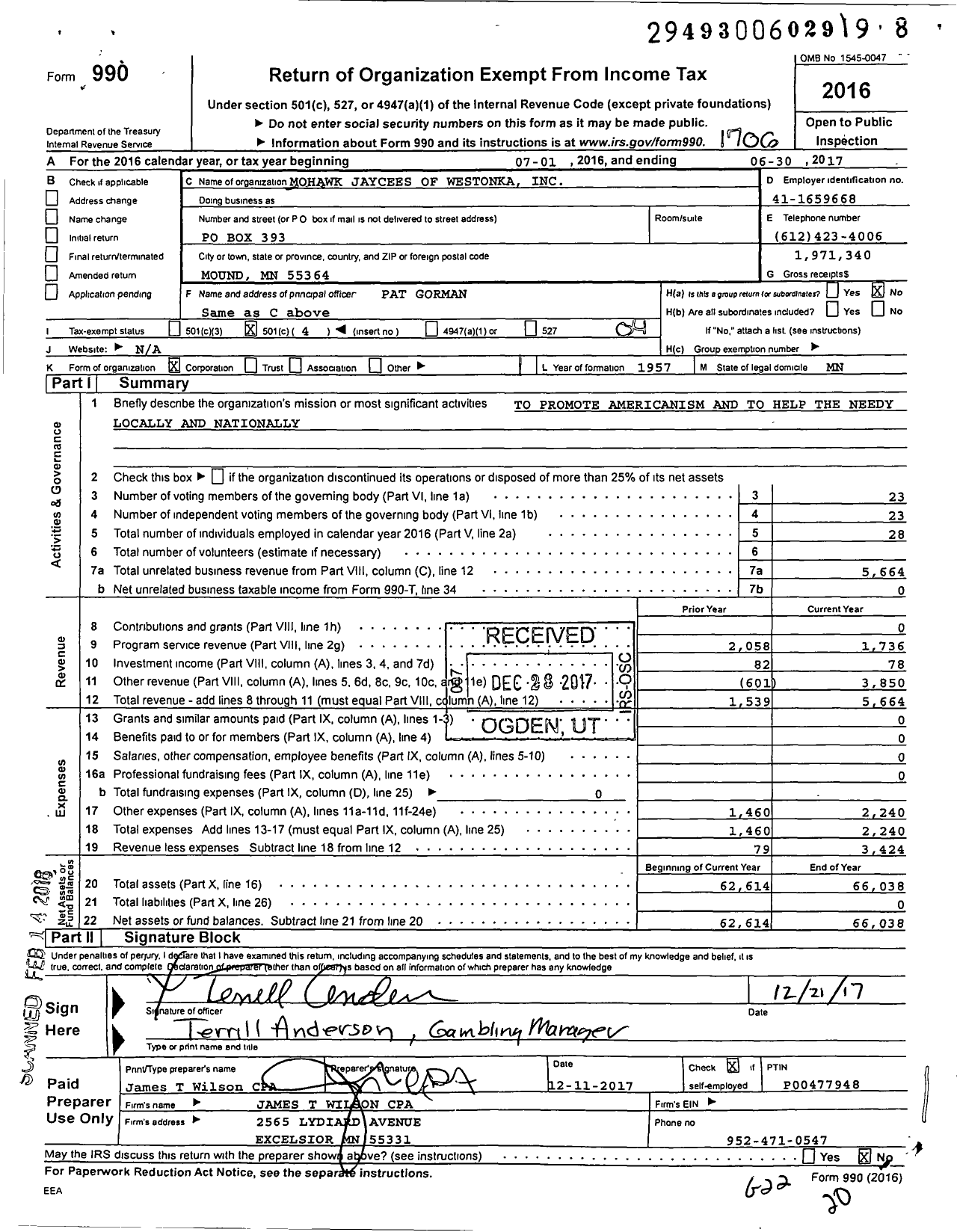 Image of first page of 2016 Form 990O for Mohawk Jaycees of Westonka