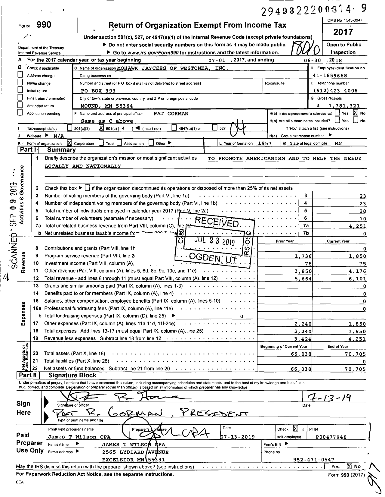 Image of first page of 2017 Form 990O for Mohawk Jaycees of Westonka