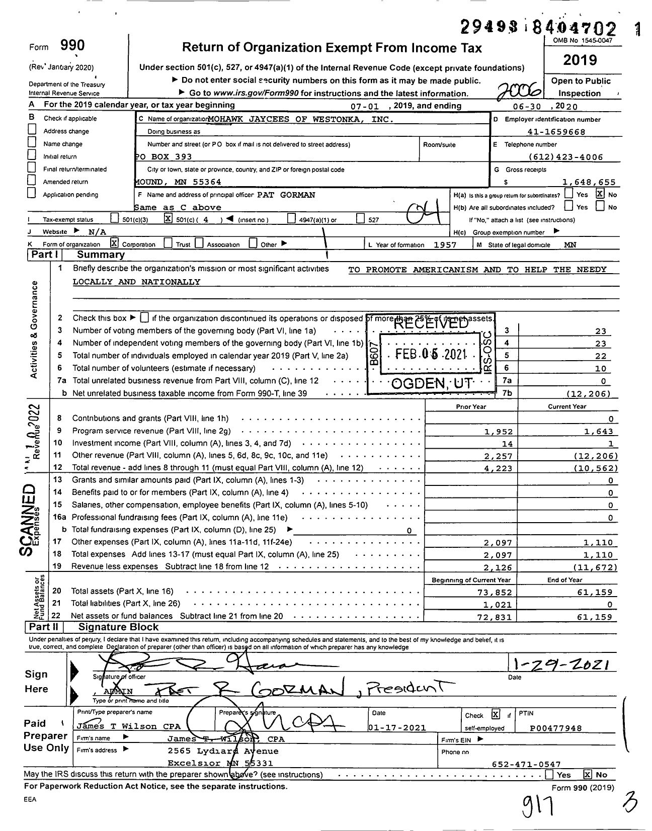 Image of first page of 2019 Form 990O for Mohawk Jaycees of Westonka