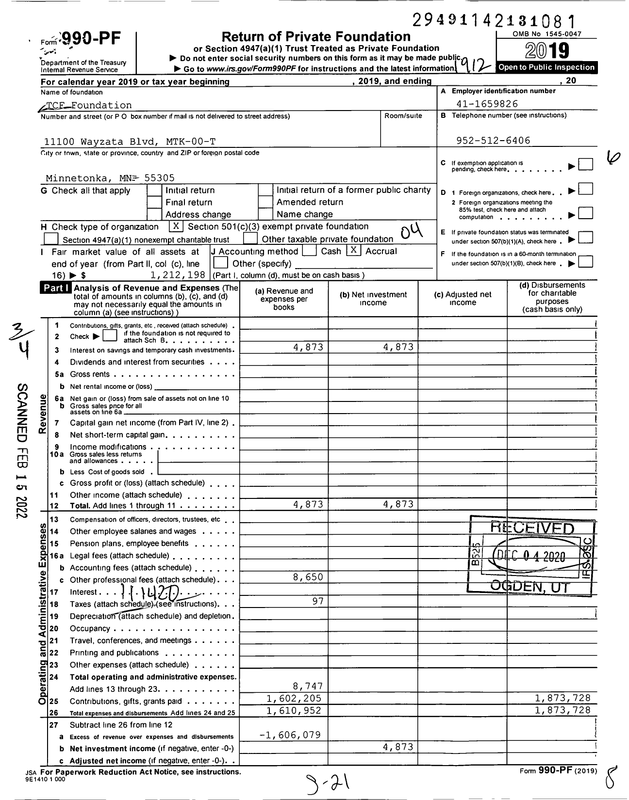 Image of first page of 2019 Form 990PF for TCF Foundation