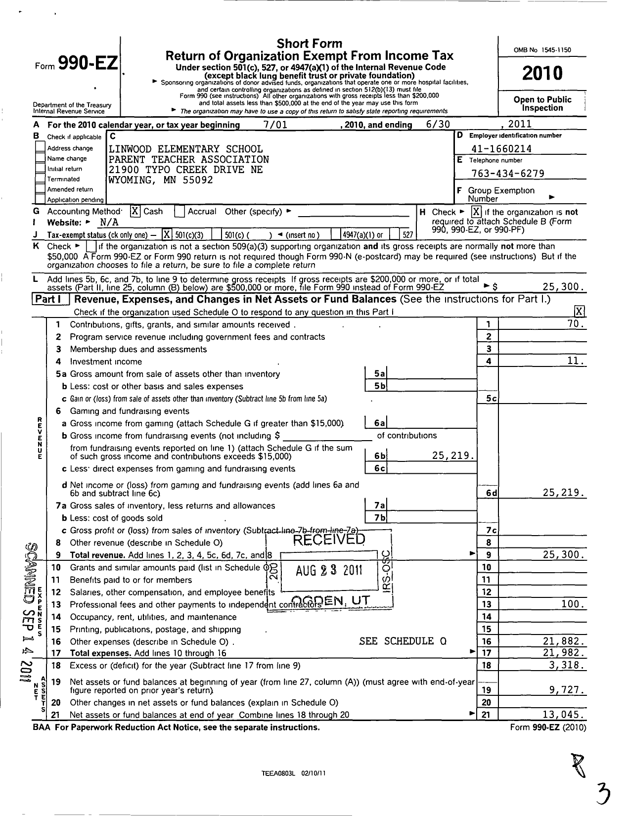 Image of first page of 2010 Form 990EZ for Linwood School PTA