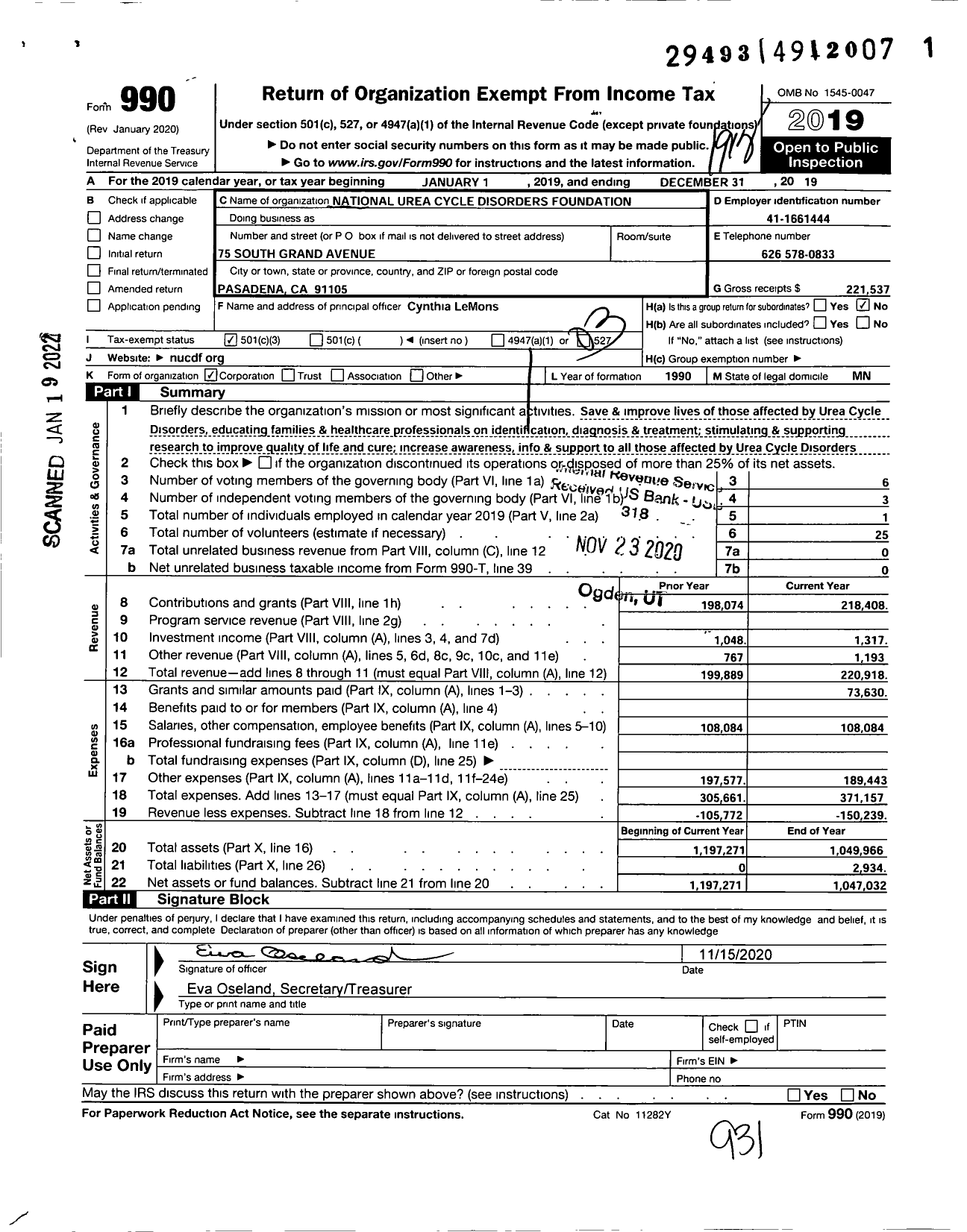 Image of first page of 2019 Form 990 for National Urea Cycle Disorders Foundation