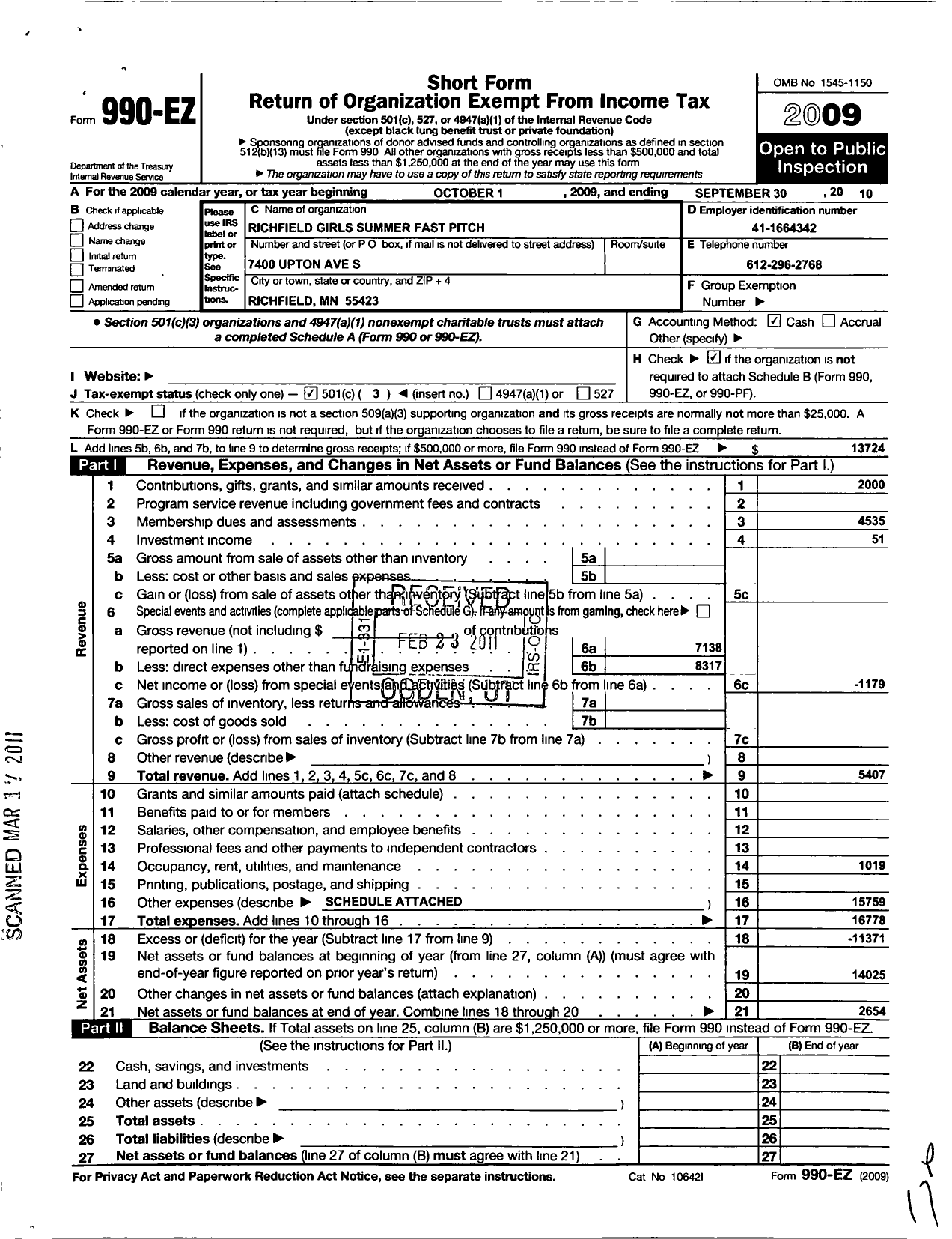 Image of first page of 2009 Form 990EZ for Richfield Girls Fastpitch