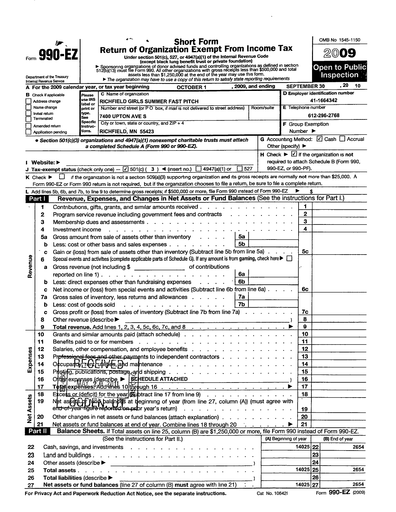 Image of first page of 2009 Form 990ER for Richfield Girls Fastpitch