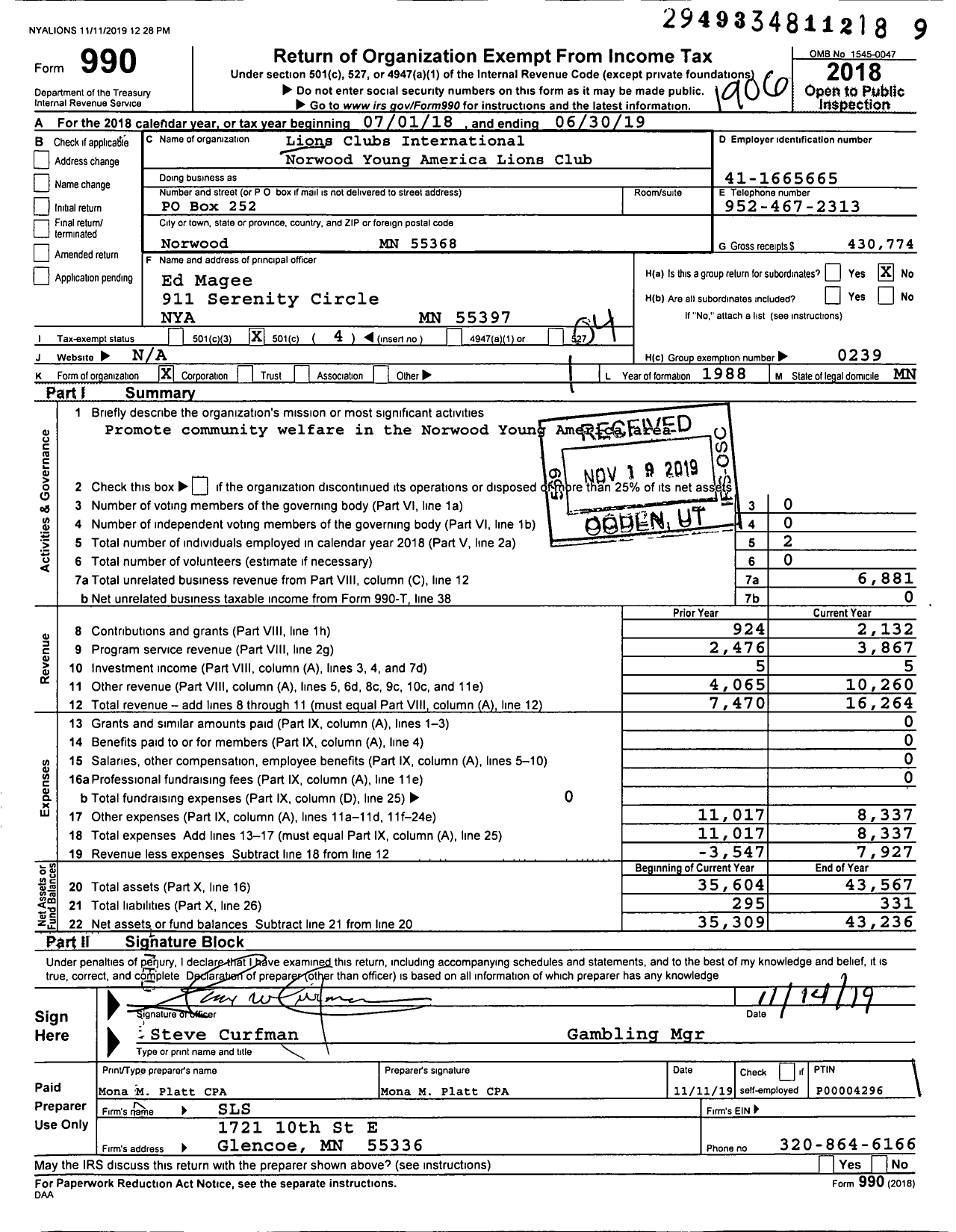 Image of first page of 2018 Form 990O for Lions Clubs - 48858 Norwood Young America