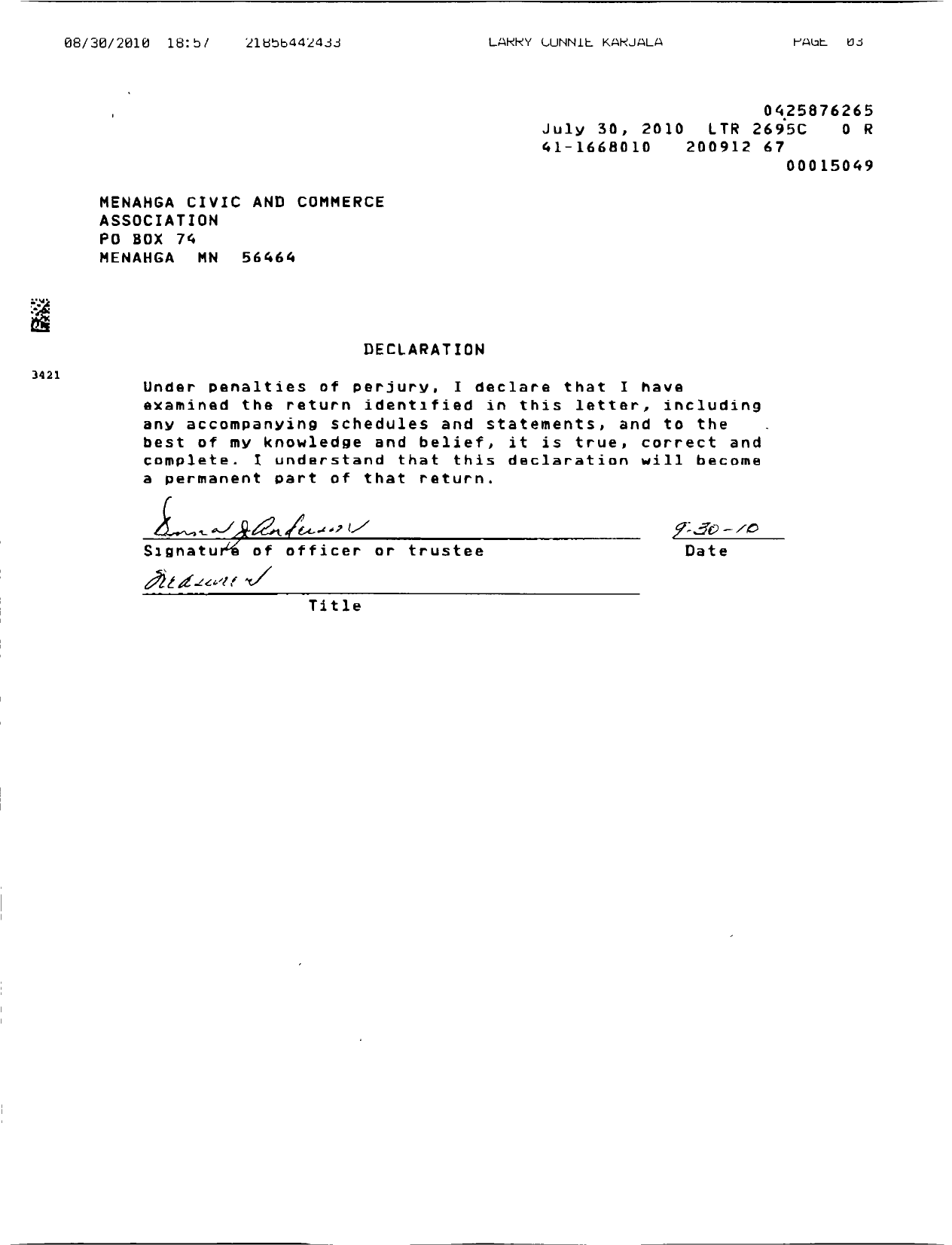 Image of first page of 2009 Form 990EOR for Menahga Civic and Commerce Association