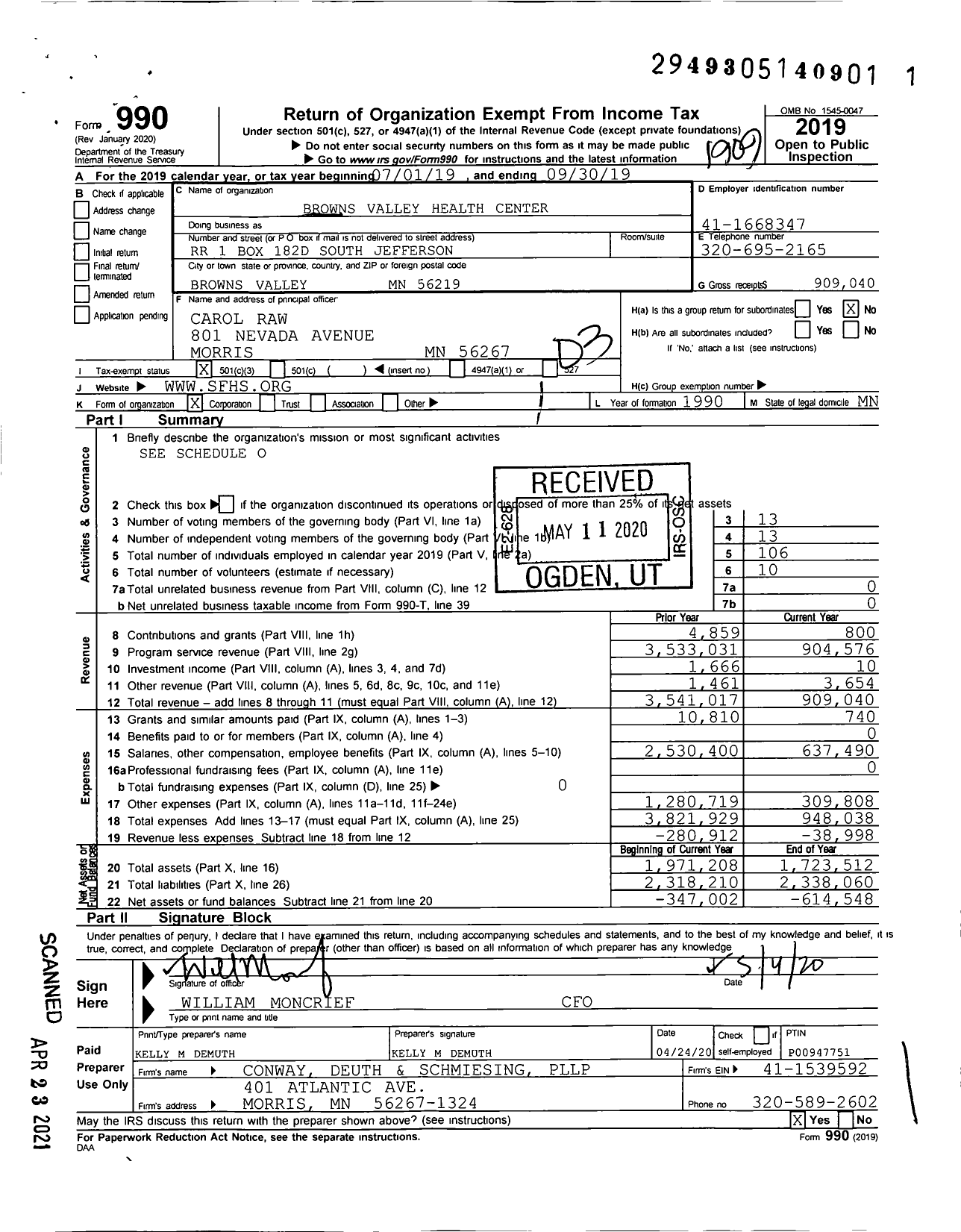 Image of first page of 2018 Form 990 for Browns Valley Health Center