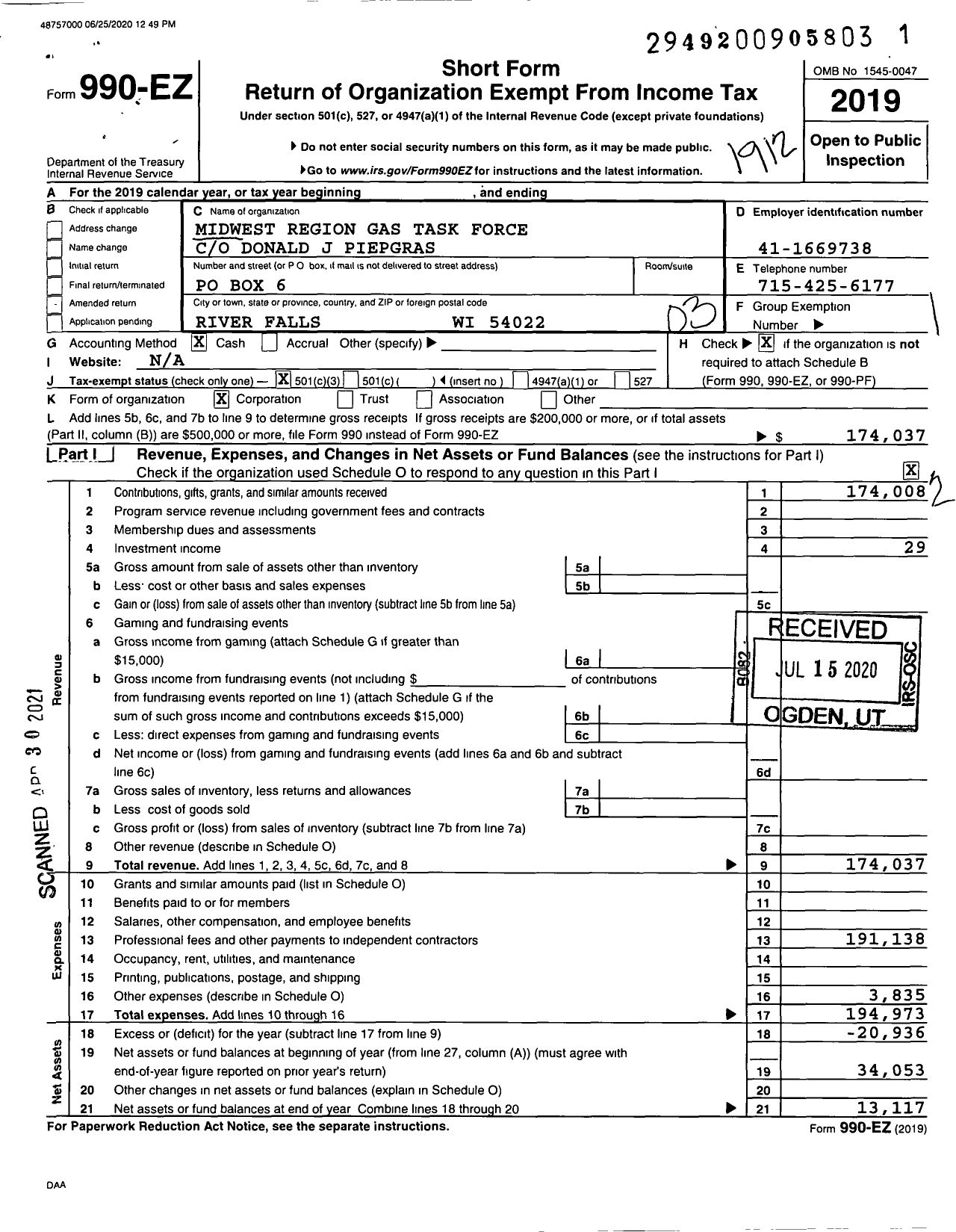 Image of first page of 2019 Form 990EZ for Midwest Region Gas Task Force Association