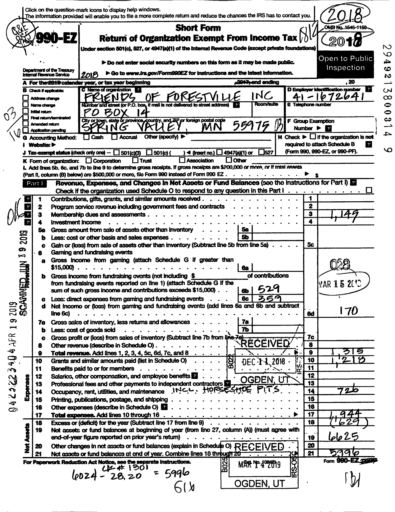 Image of first page of 2018 Form 990EZ for Friends of Forestville Incorporated