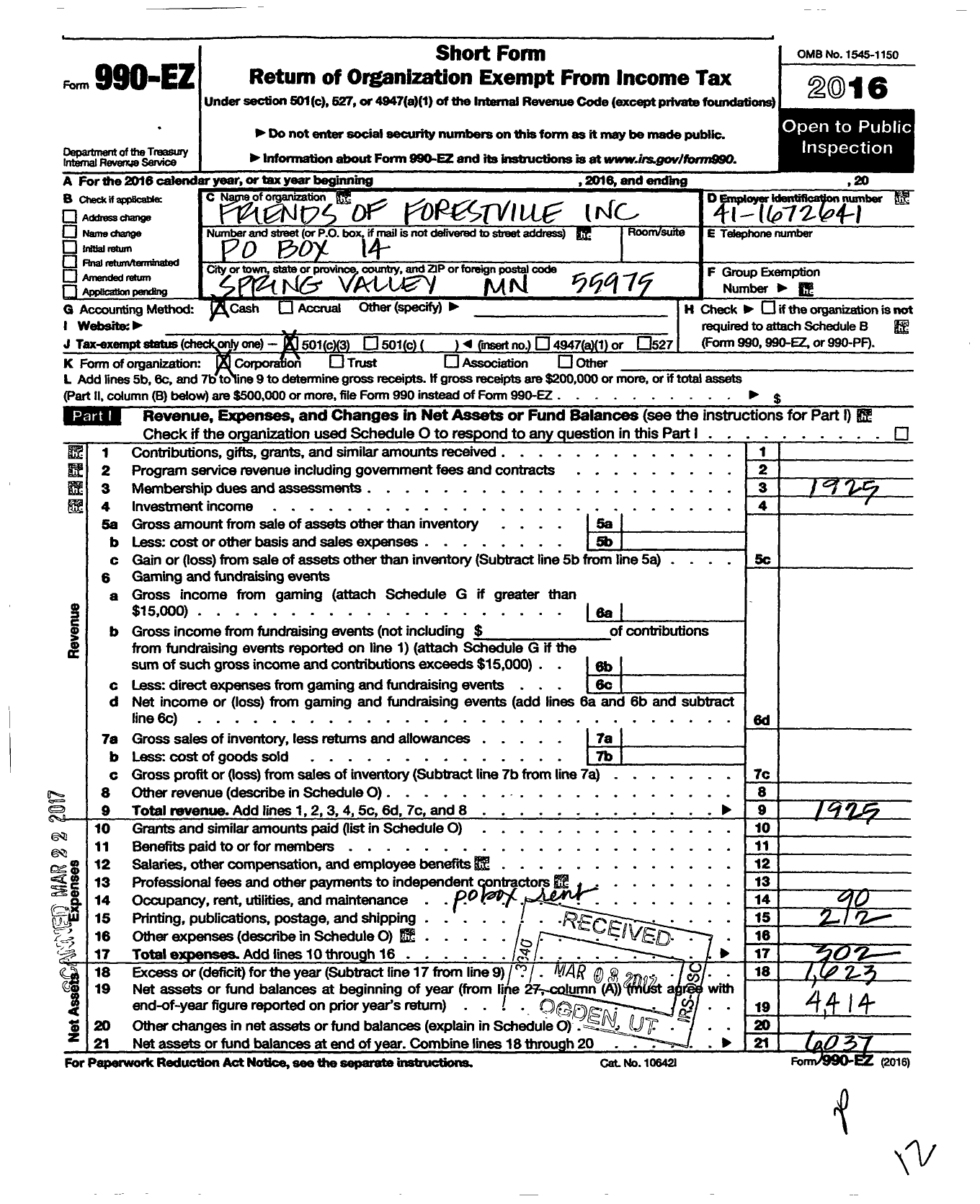 Image of first page of 2016 Form 990EZ for Friends of Forestville Incorporated