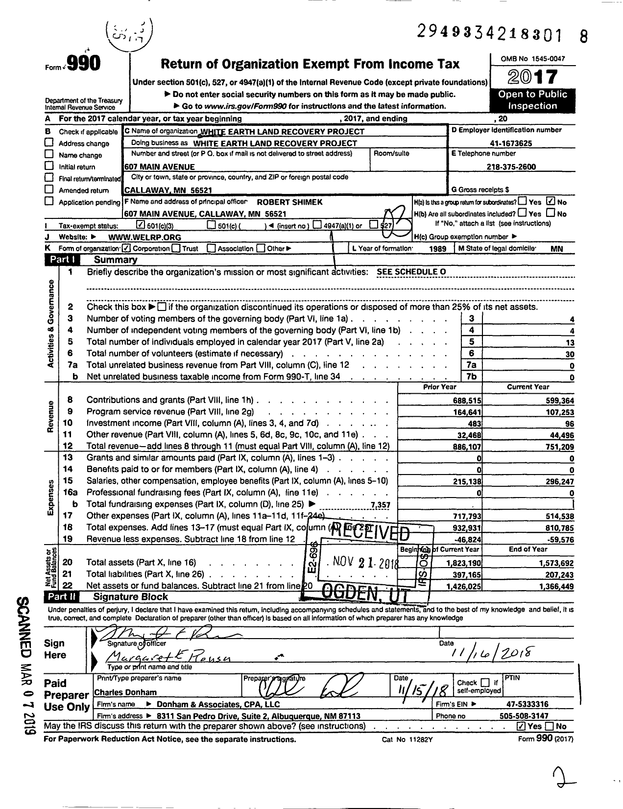 Image of first page of 2017 Form 990 for White Earth Land Recovery Project (WELRP)