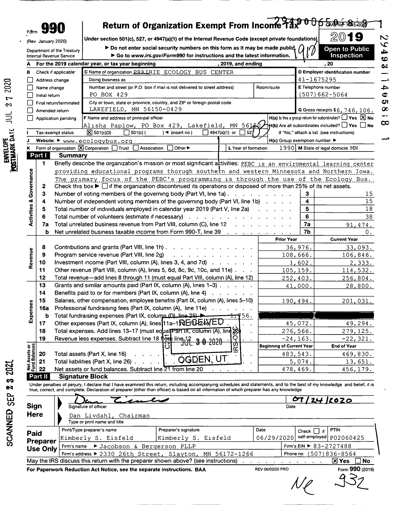 Image of first page of 2019 Form 990 for Prairie Ecology Bus Center