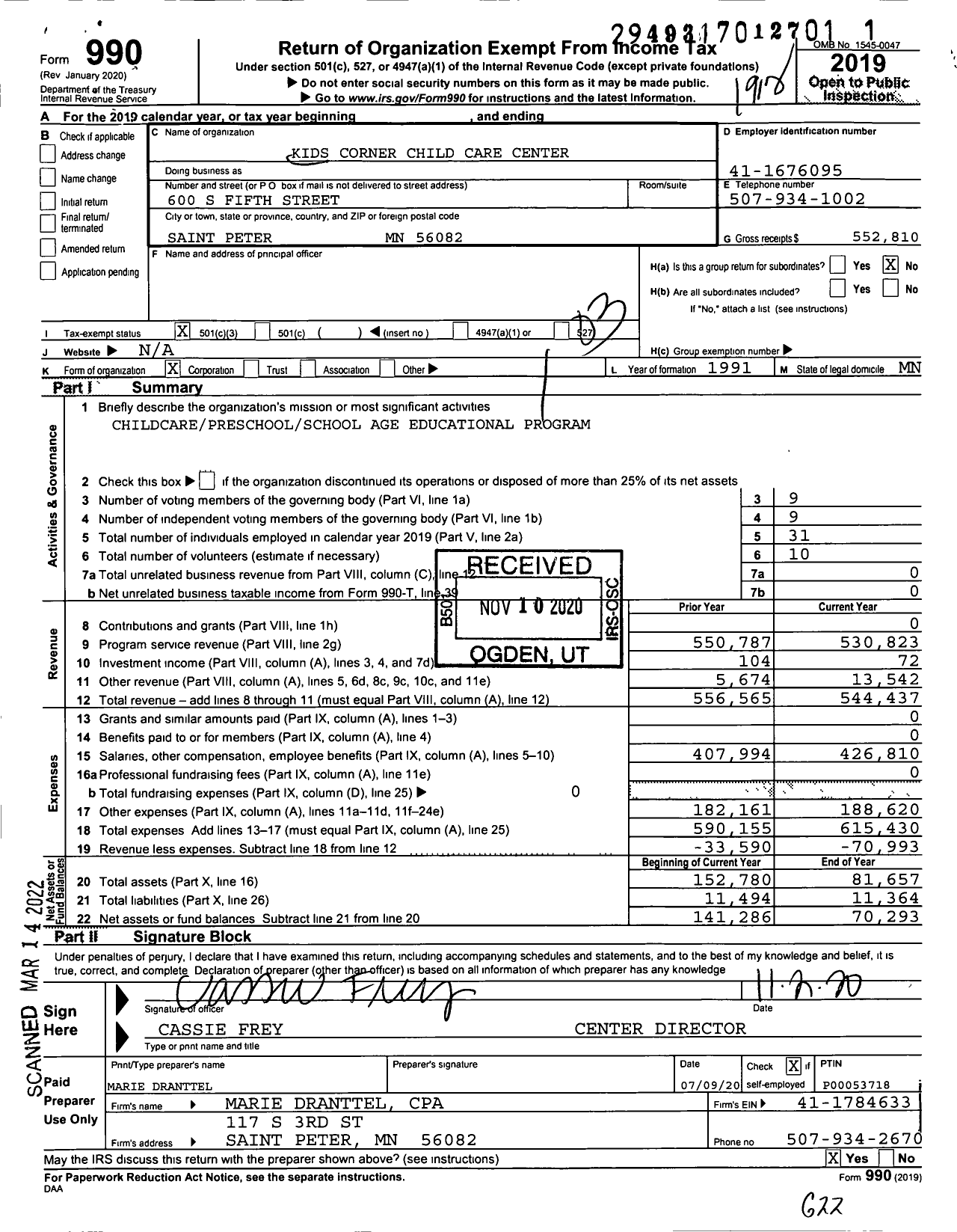 Image of first page of 2019 Form 990 for Kids Corner Child Care Center