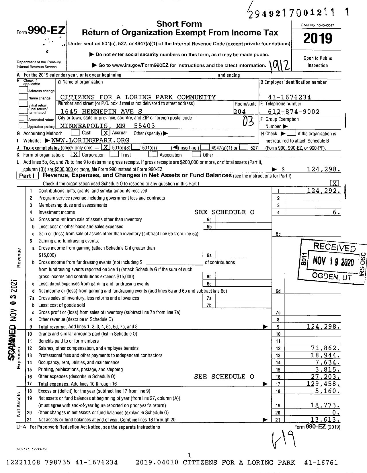 Image of first page of 2019 Form 990EZ for Citizens for A Loring Park Community