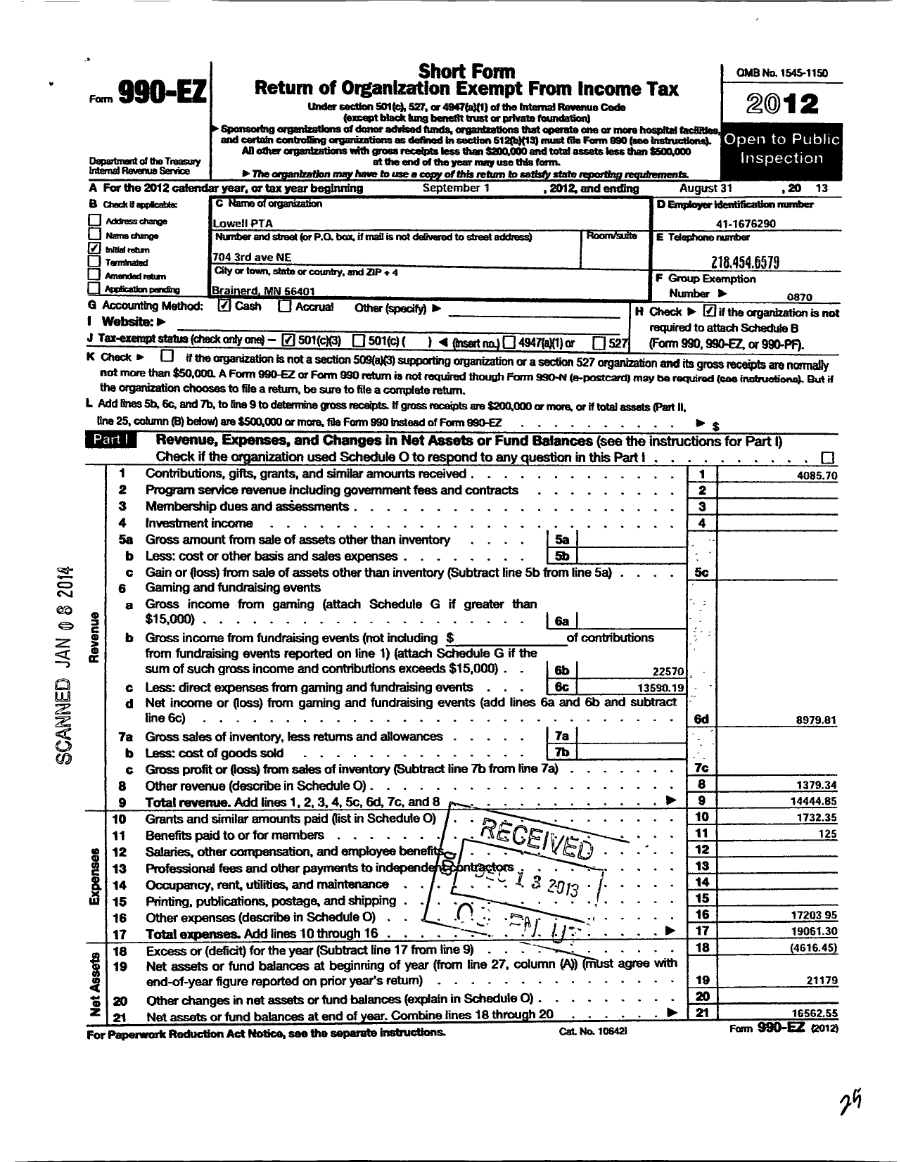 Image of first page of 2012 Form 990EZ for Lowell PTA