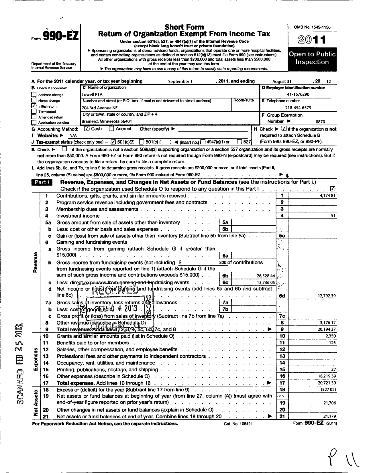 Image of first page of 2011 Form 990EZ for Lowell PTA