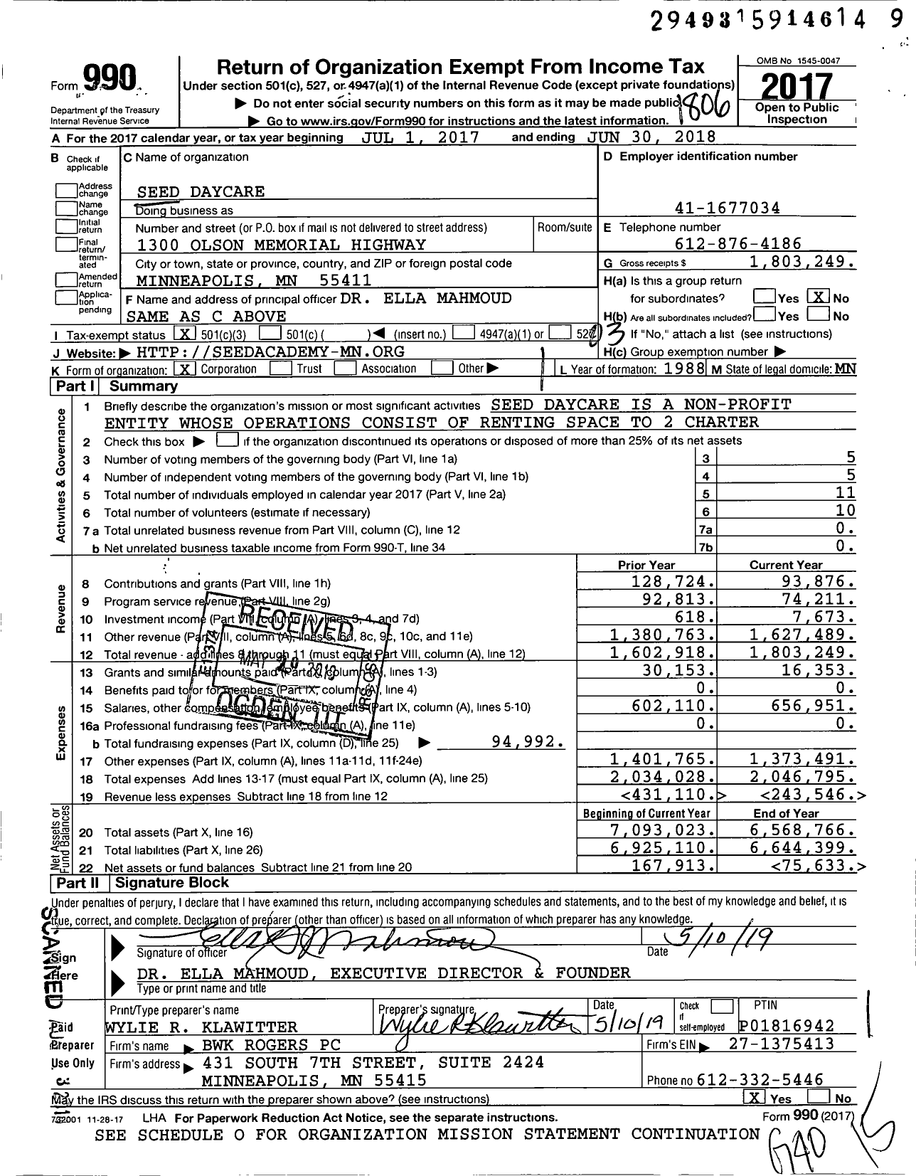 Image of first page of 2017 Form 990 for Seed Daycare