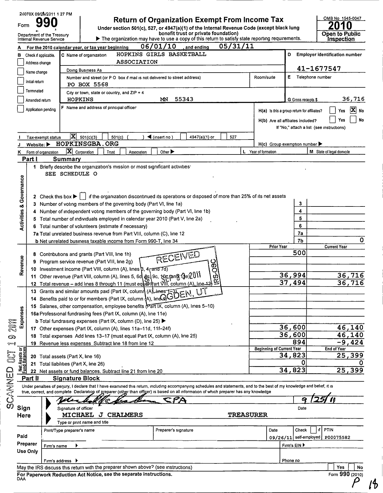 Image of first page of 2010 Form 990 for Hopkins Girls Basketball Assn