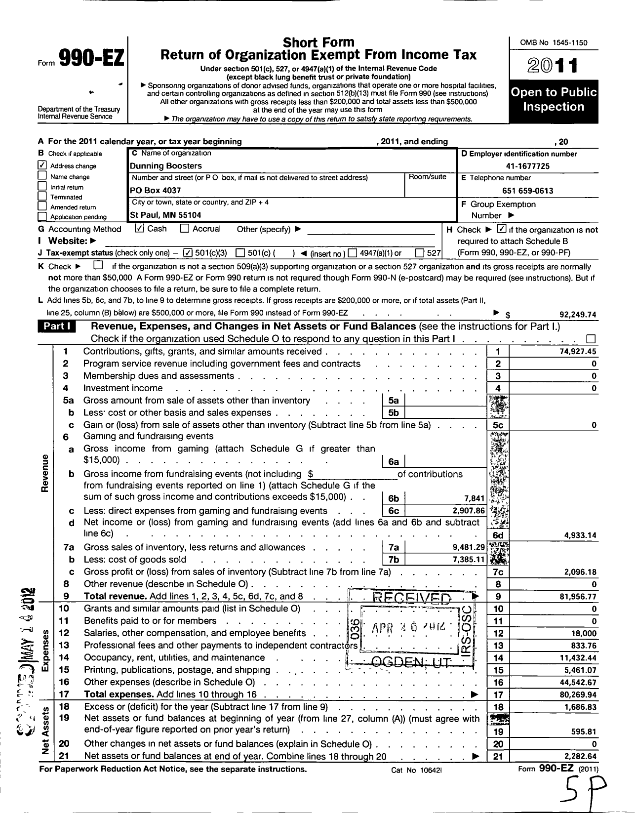 Image of first page of 2011 Form 990EZ for Dunning Boosters