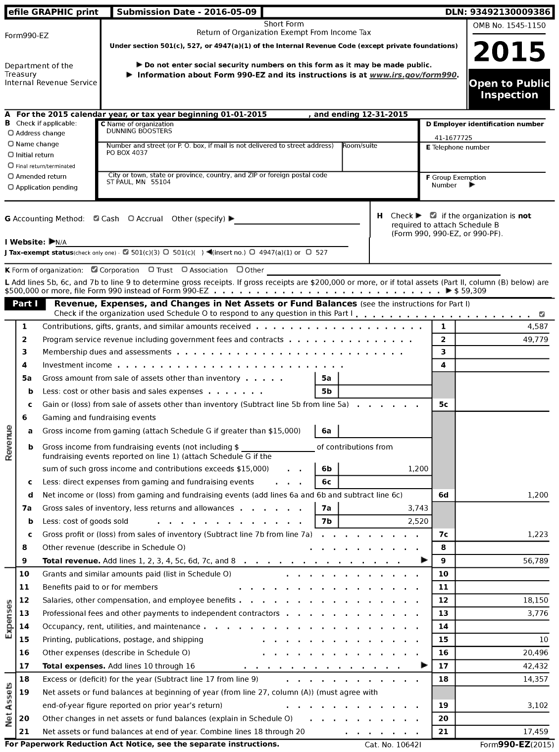 Image of first page of 2015 Form 990EZ for Dunning Boosters