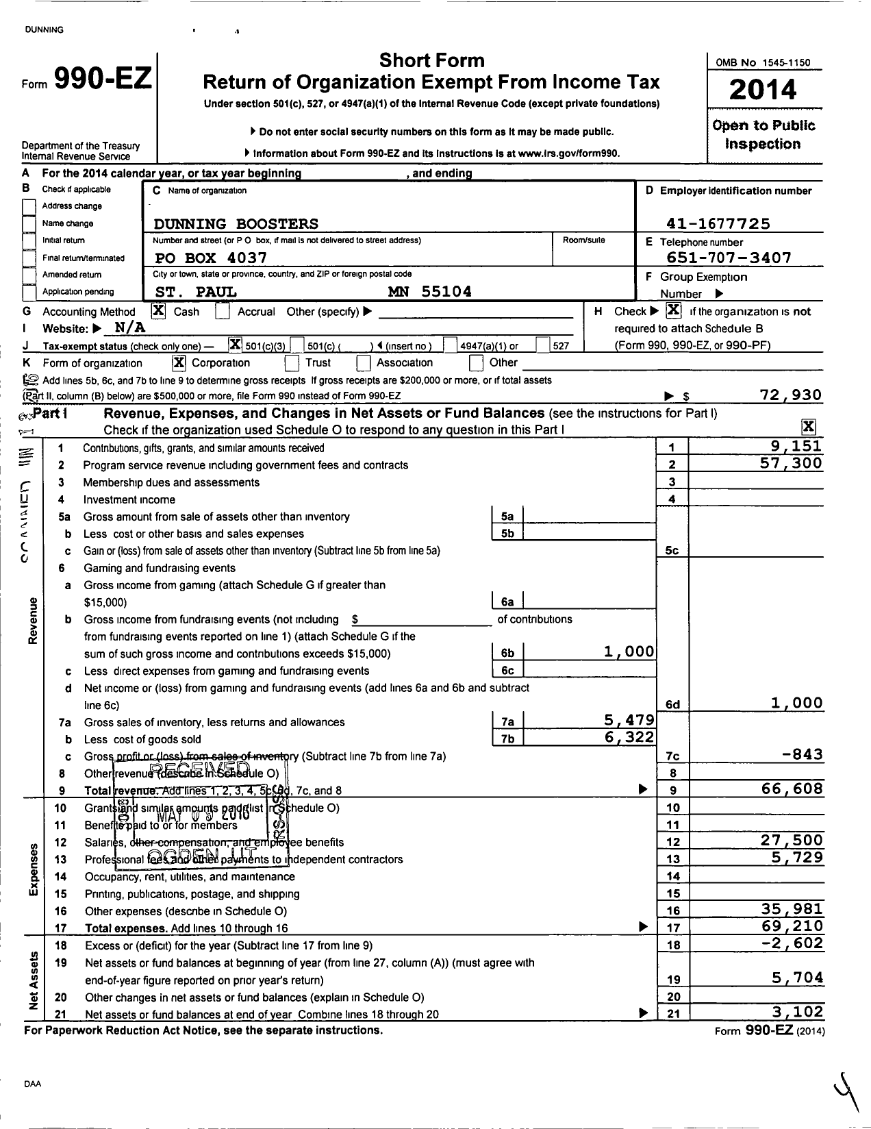 Image of first page of 2014 Form 990EZ for Dunning Boosters