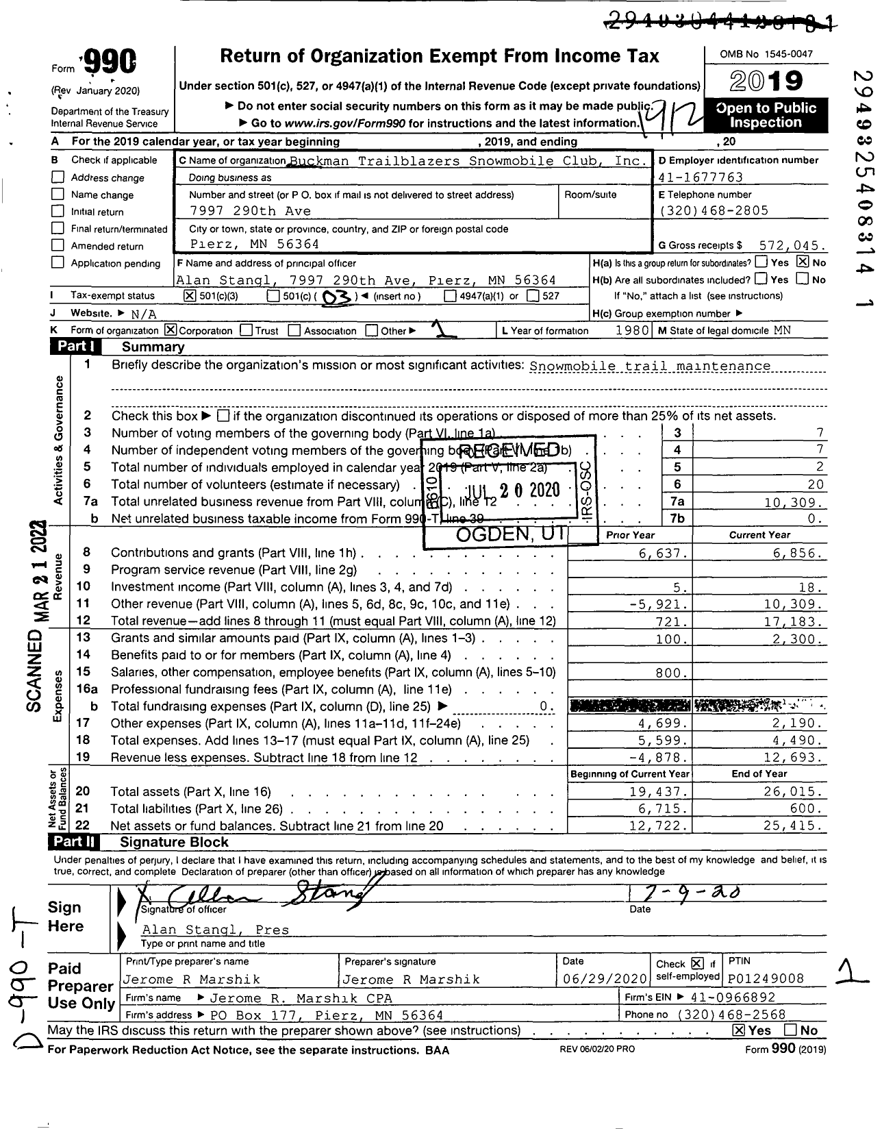 Image of first page of 2019 Form 990 for Buckman Trailblazers Snowmobile Club