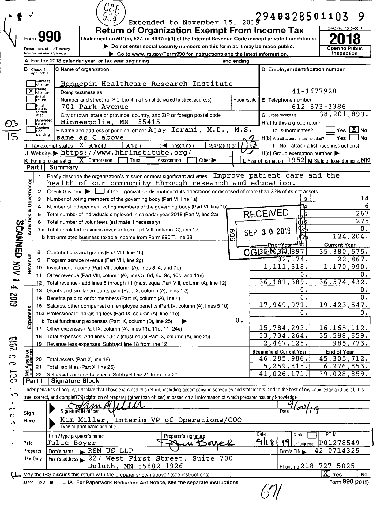 Image of first page of 2018 Form 990 for Hennepin Healthcare Research Institute (MMRF)