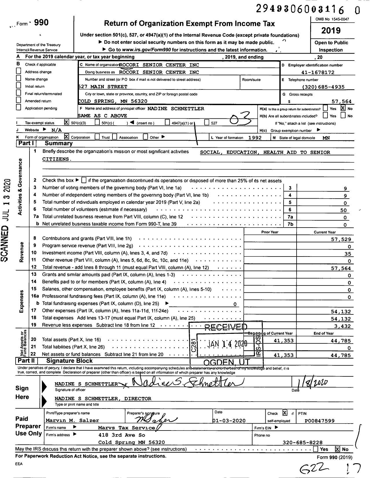 Image of first page of 2019 Form 990 for Rocori Senior Center