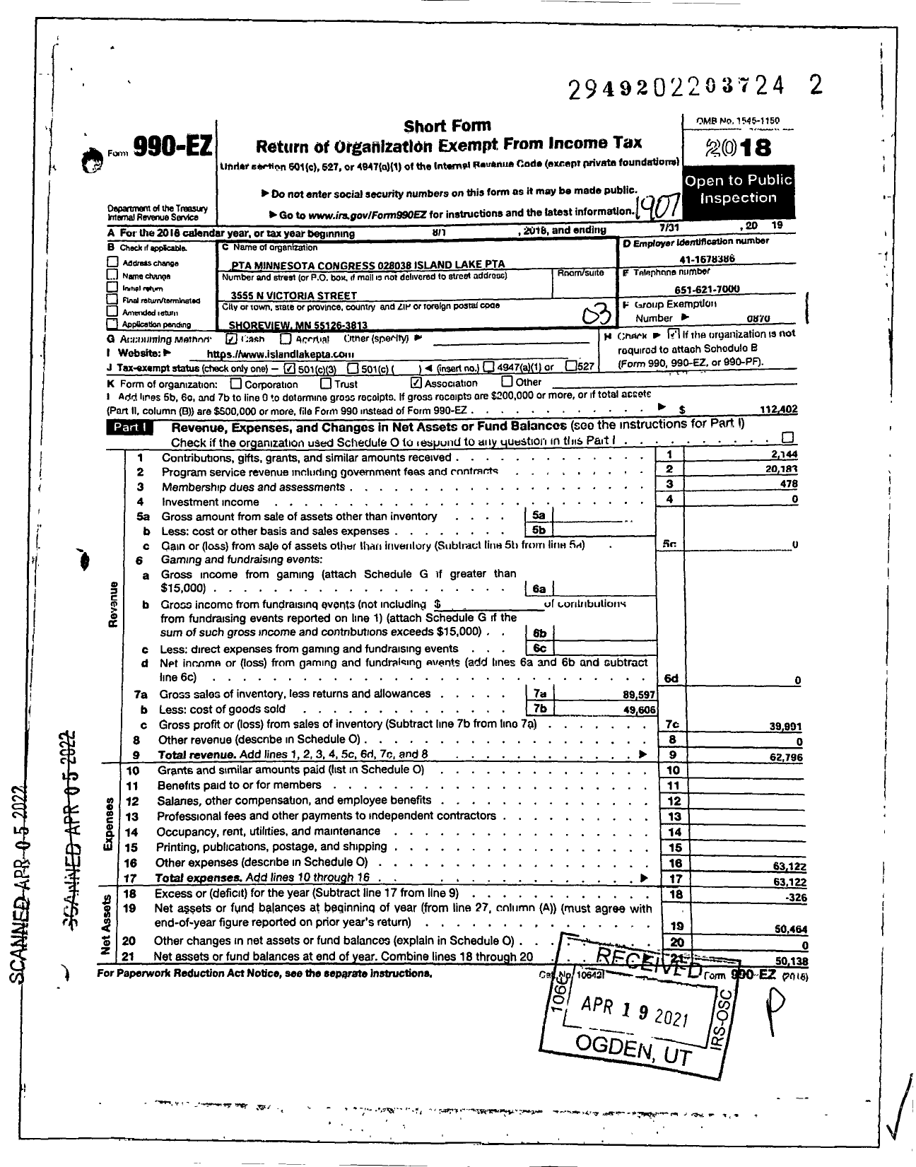 Image of first page of 2018 Form 990EZ for Island Lake PTA