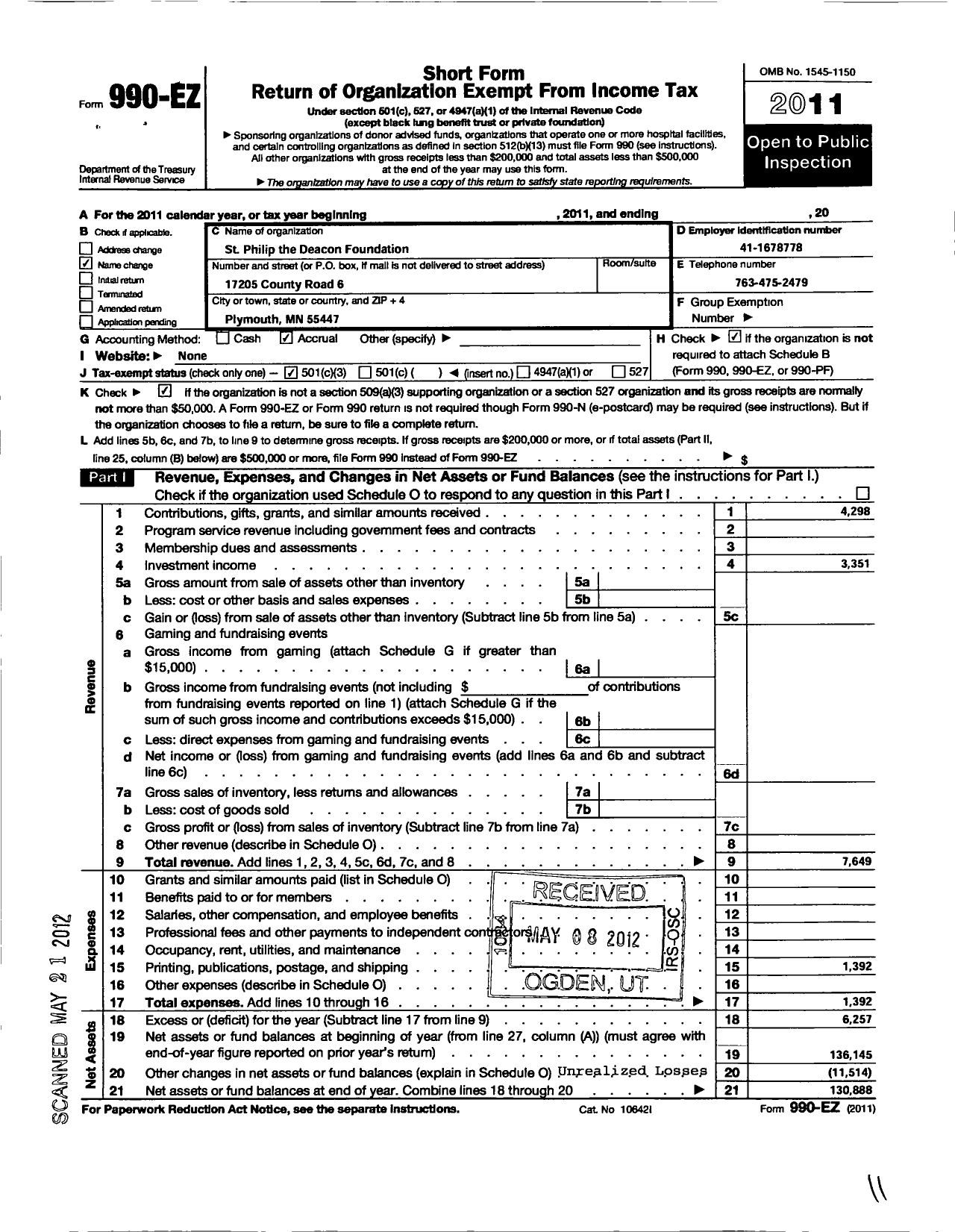 Image of first page of 2011 Form 990EZ for St Philip the Deacon Foundation