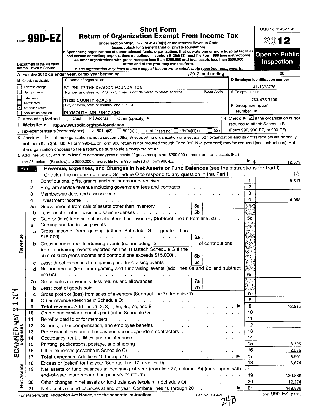 Image of first page of 2012 Form 990EZ for St Philip the Deacon Foundation