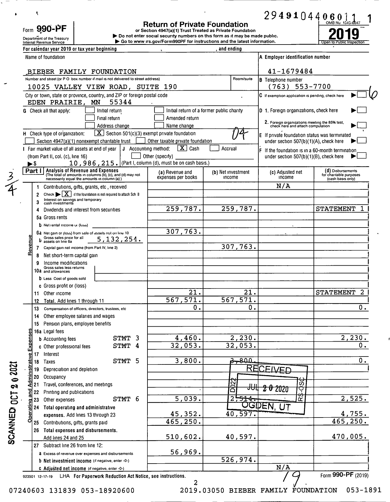 Image of first page of 2019 Form 990PF for Bieber Family Foundation