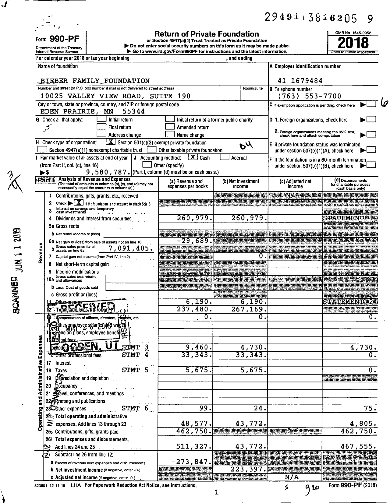 Image of first page of 2018 Form 990PF for Bieber Family Foundation