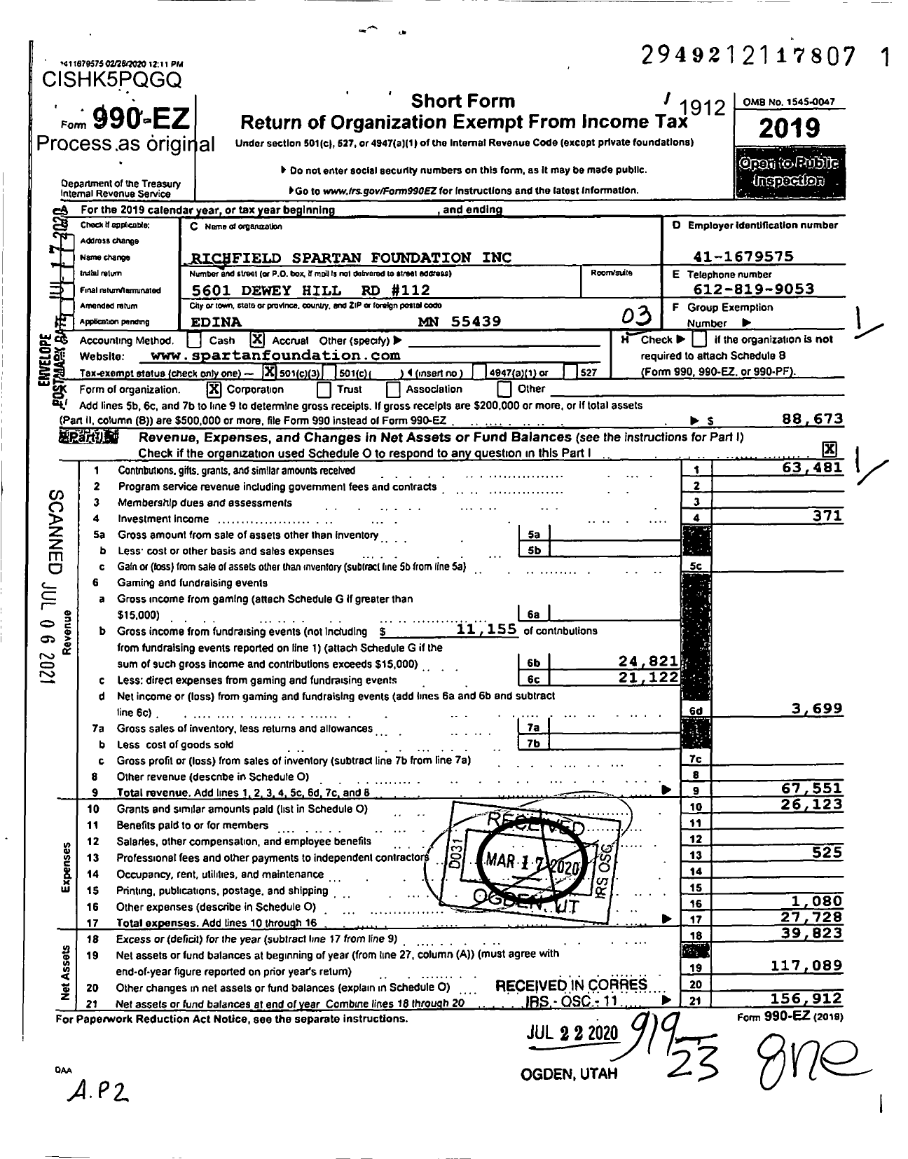 Image of first page of 2019 Form 990EZ for Richfield Spartan Foundation