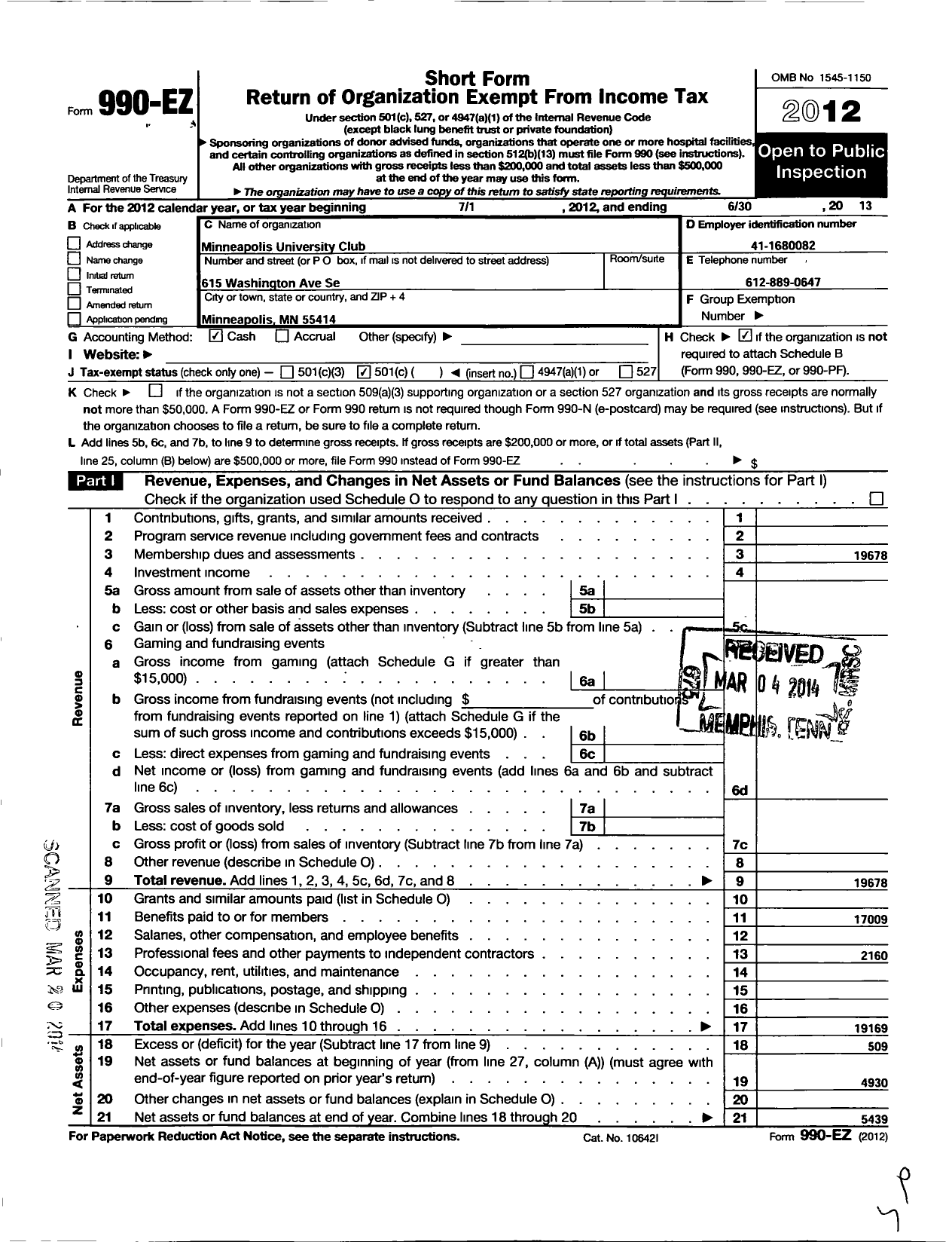 Image of first page of 2012 Form 990EO for Rotary International - Rotary Club of Minneapolis Univ