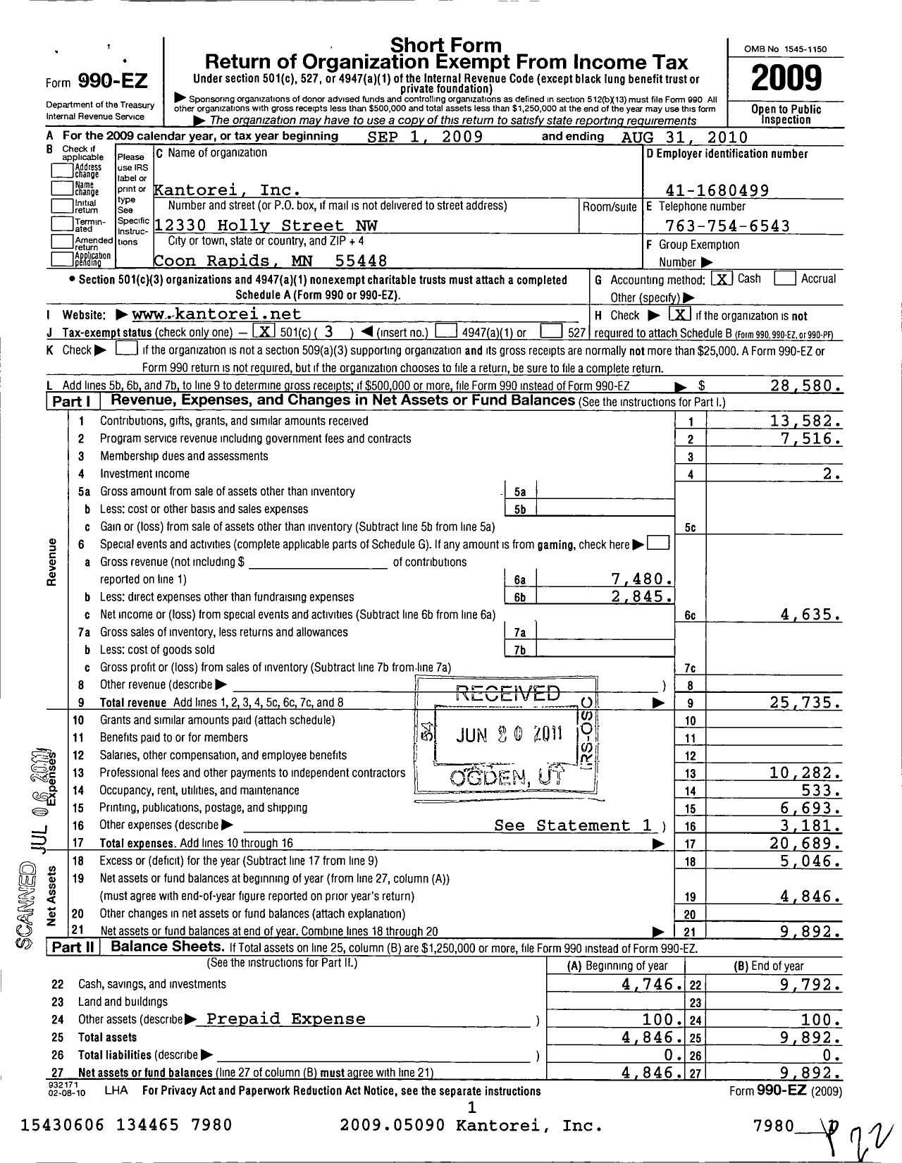 Image of first page of 2009 Form 990EZ for Kantorei