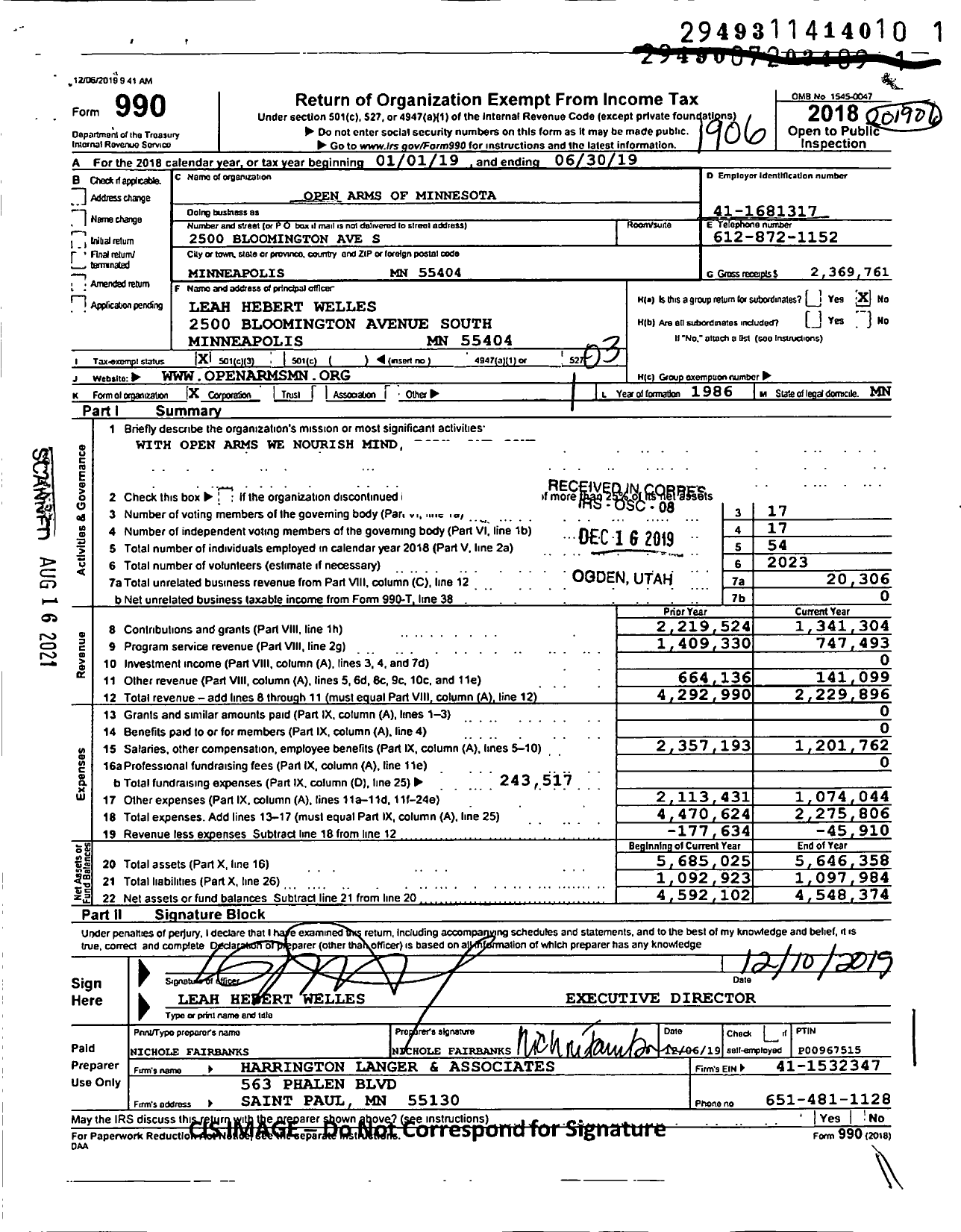 Image of first page of 2018 Form 990 for Open Arms of Minnesota