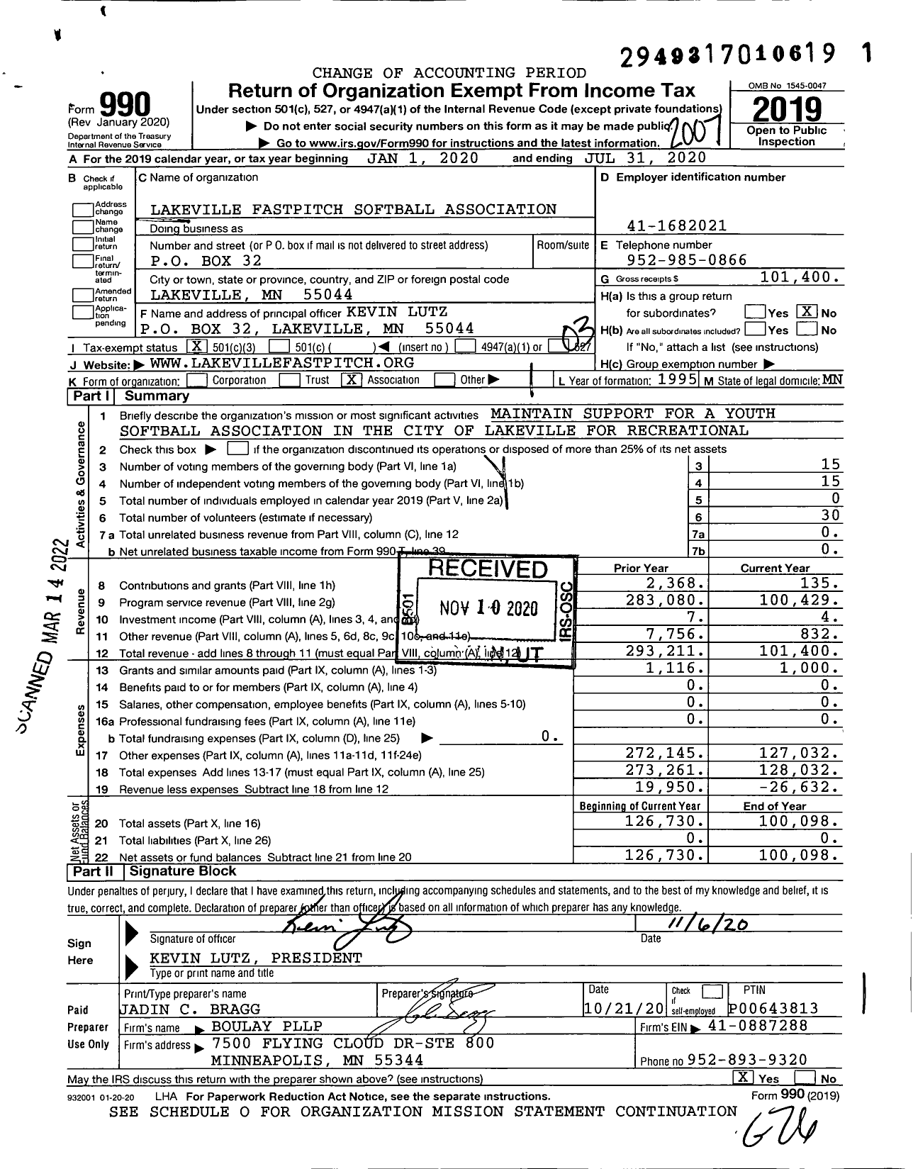 Image of first page of 2019 Form 990 for Lakeville Fastpitch Softball Association