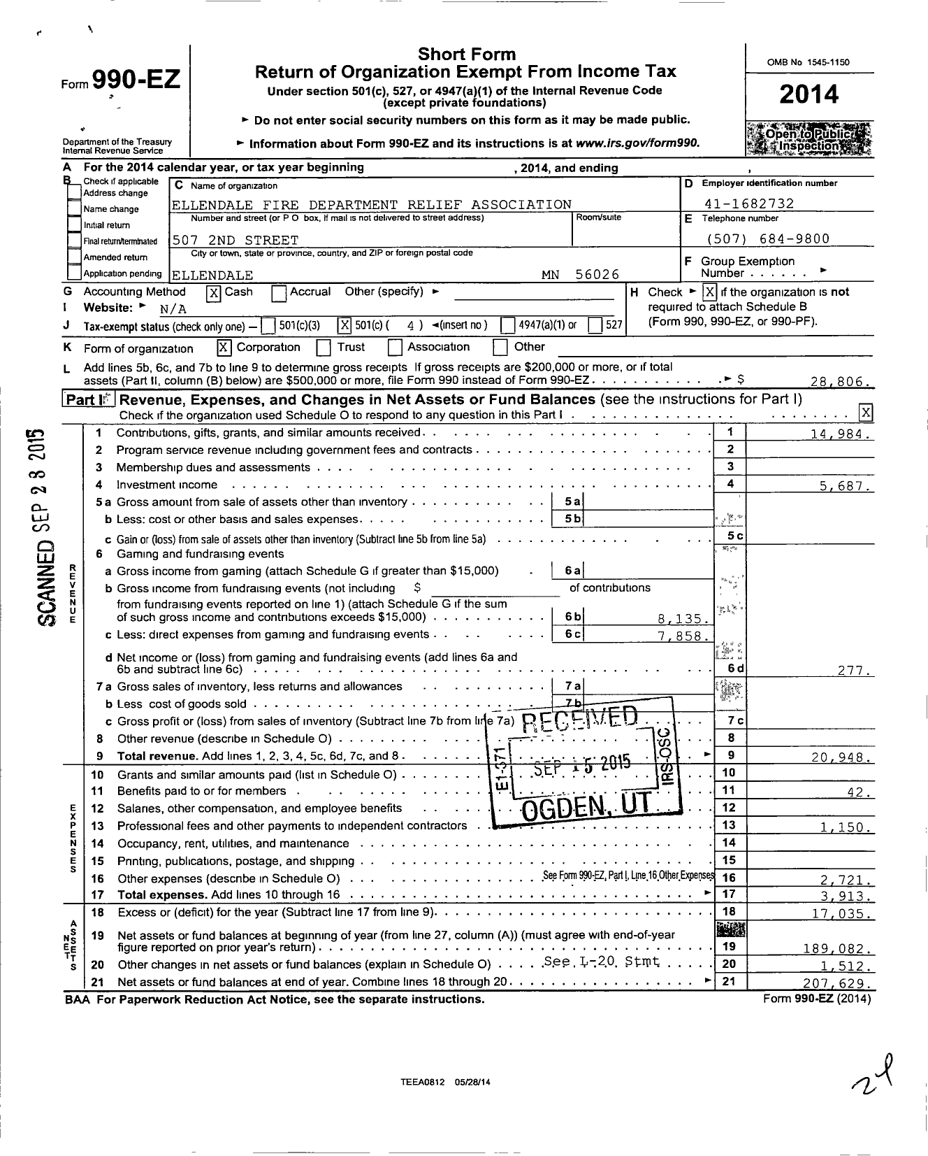 Image of first page of 2014 Form 990EO for Ellendale Fire Department Relief Association