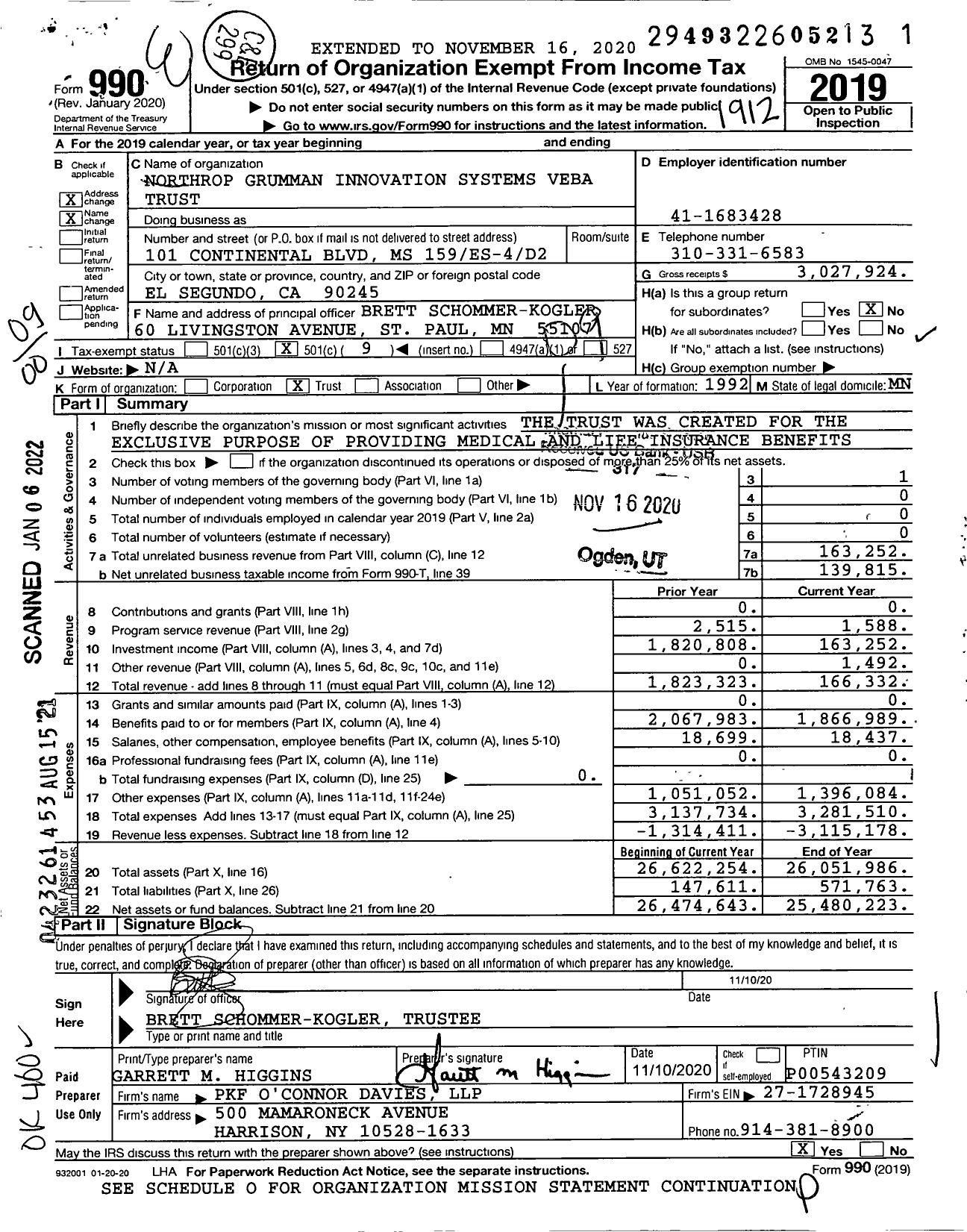 Image of first page of 2019 Form 990O for Northrop Grumman Innovation Systems Veba Trust