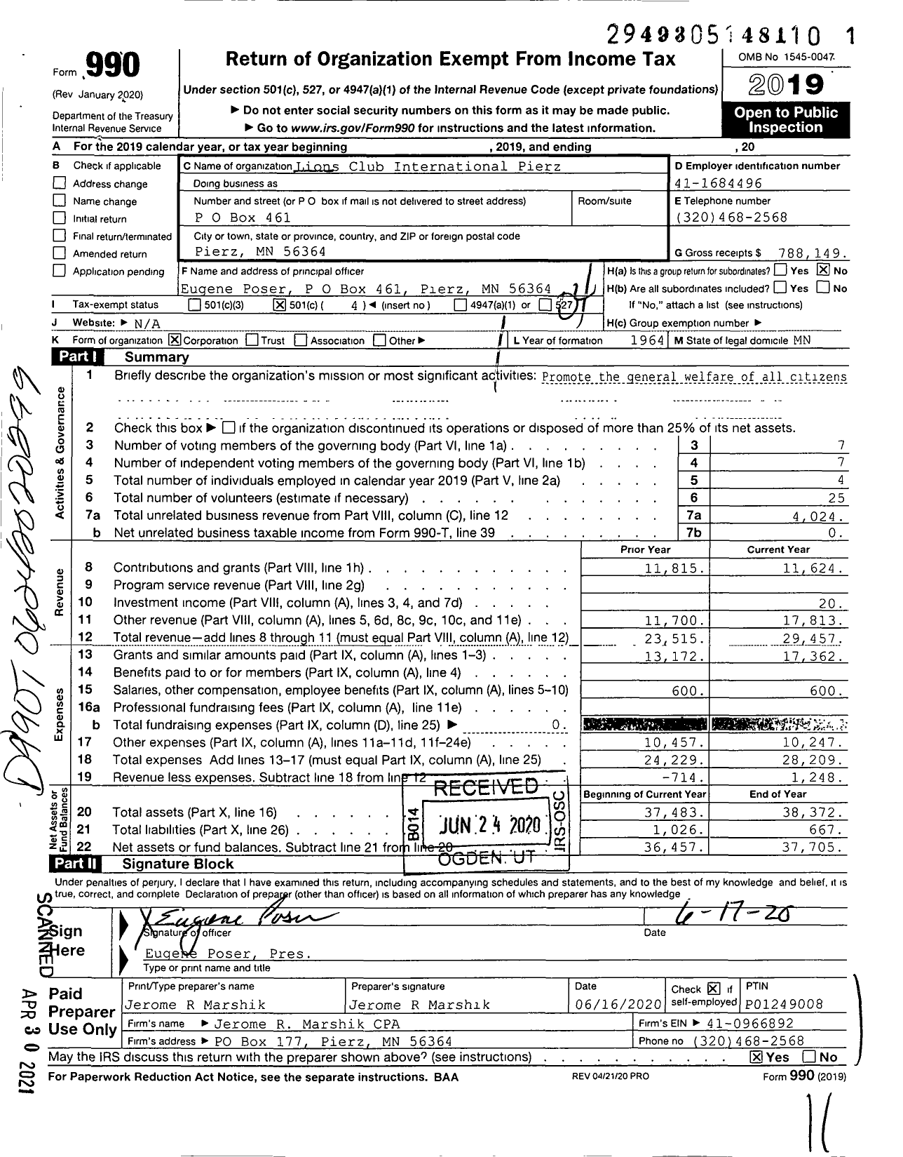 Image of first page of 2019 Form 990O for Lions Clubs - Pierz Lions