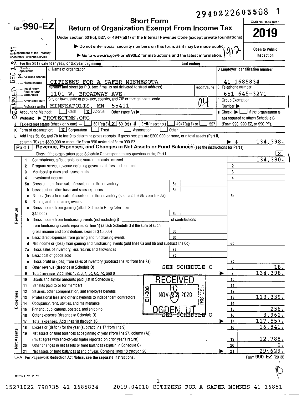 Image of first page of 2019 Form 990EO for Citizens for A Safer Minnesota