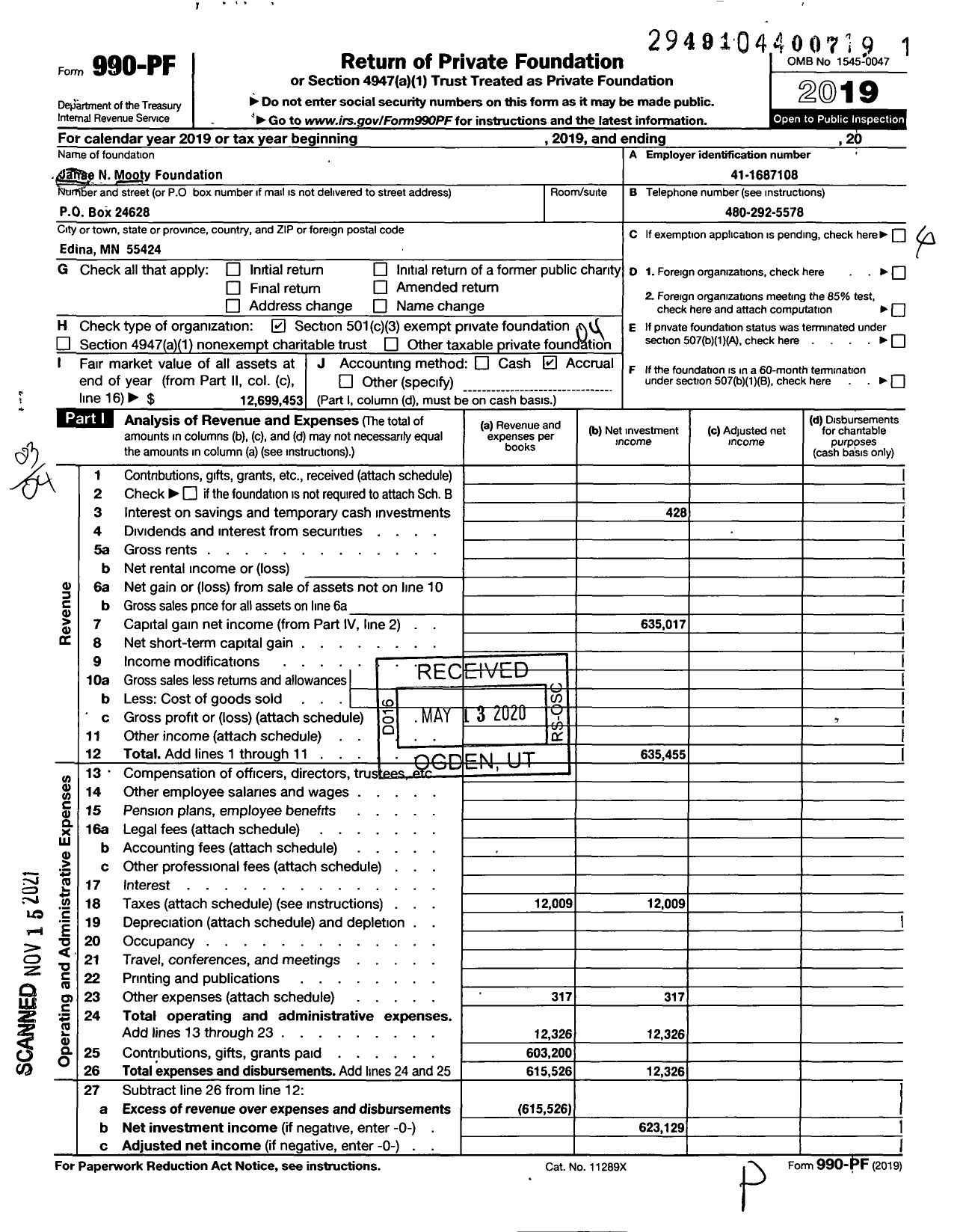 Image of first page of 2019 Form 990PF for Jane N Mooty Foundation