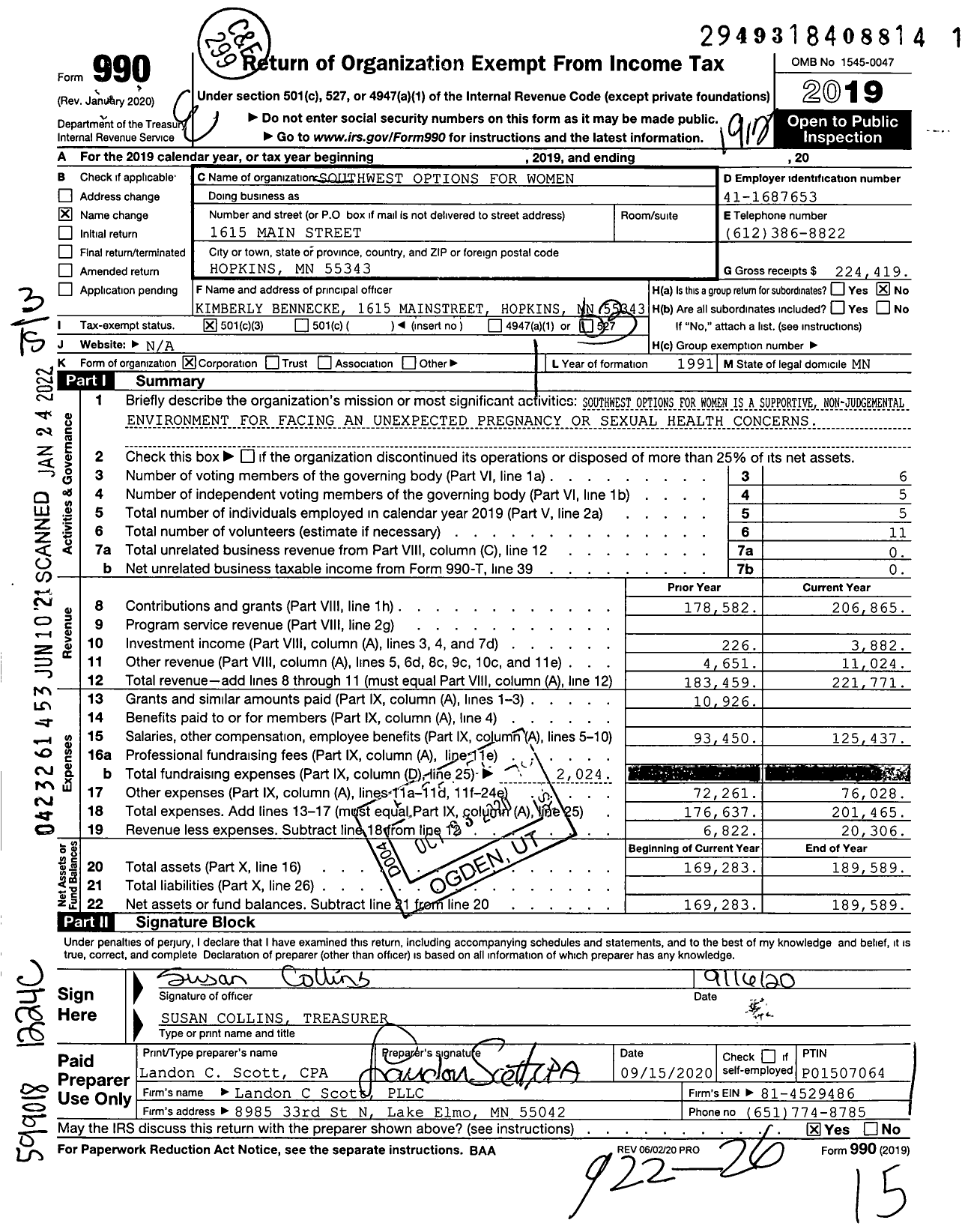 Image of first page of 2019 Form 990 for Southwest Options for Women