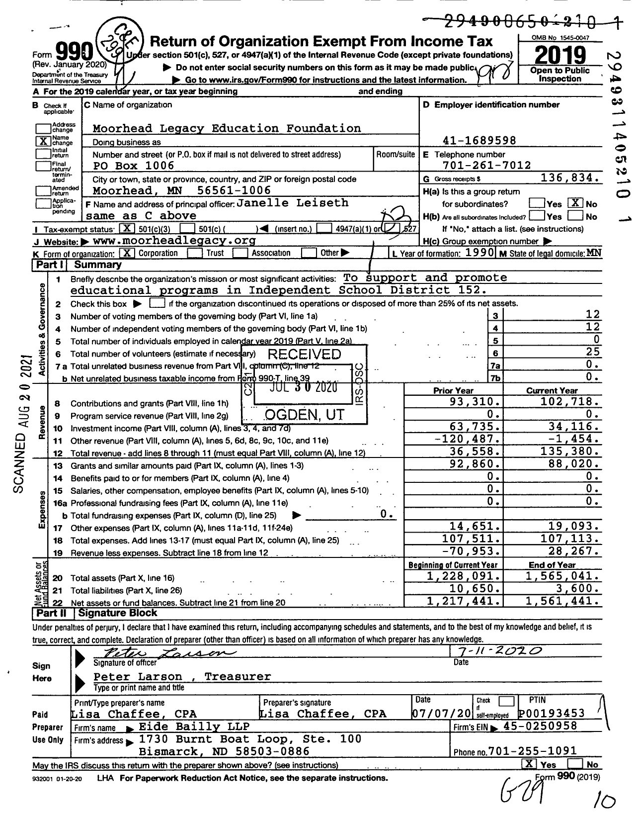 Image of first page of 2019 Form 990 for Moorhead Legacy Education Foundation