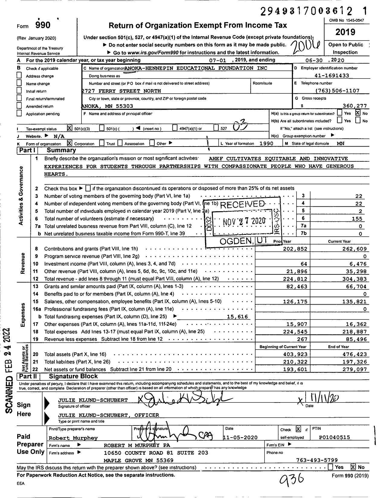 Image of first page of 2019 Form 990 for Anoka Hennepin Educational Foundation Incorporated