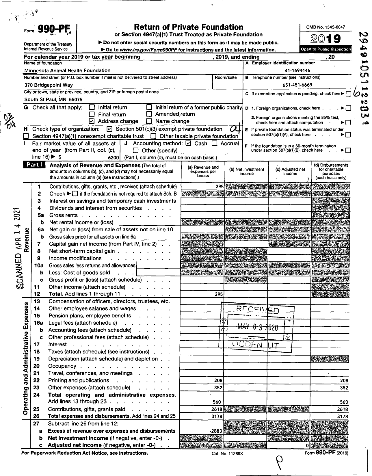 Image of first page of 2019 Form 990PF for Minnesota Animal Health Foundation