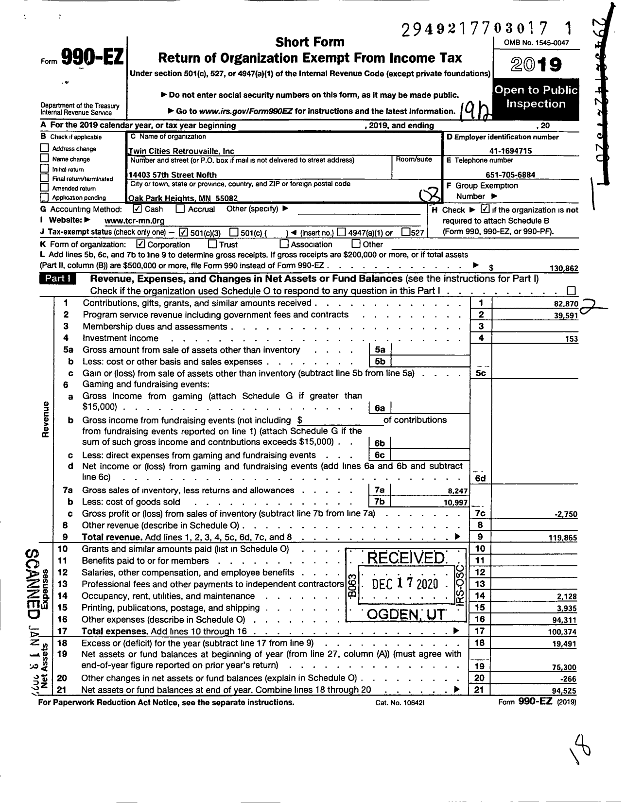 Image of first page of 2019 Form 990EZ for Twin Cities Retrouvaille